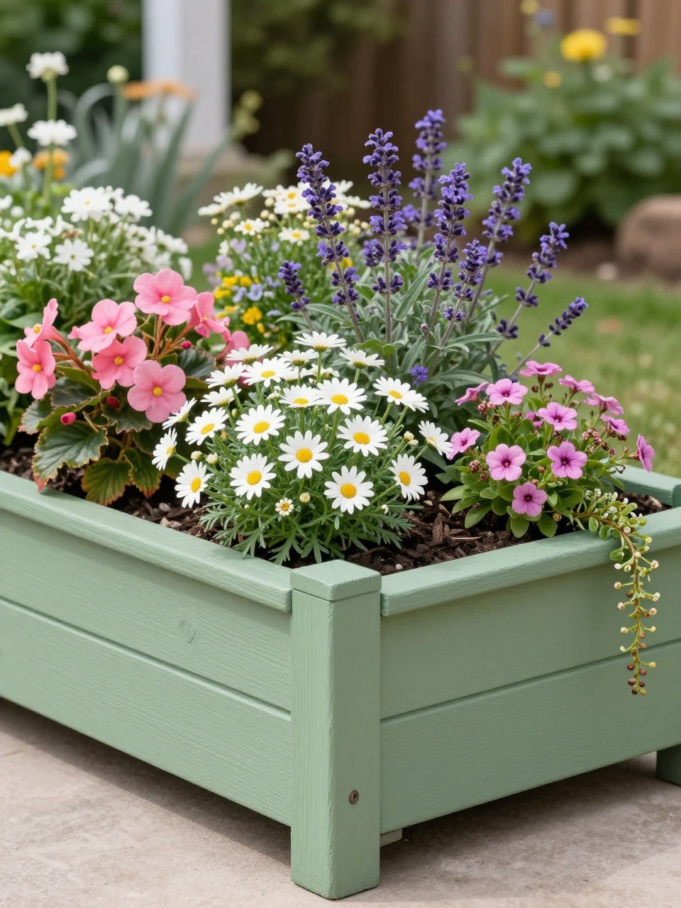 A painted raised flower bed in a cheerful home garden, wooden planter box painted soft sage green, filled with white daisies, pink begonias, lavender, purple salvia, and trailing alyssum, neat mulch, sunny backyard corner, realistic photo style, no people, no text, no watermarks on images.