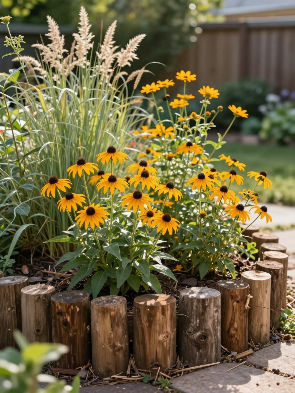 A rustic flower bed edged with short wooden logs placed upright, filled with coneflowers, black-eyed Susans, cosmos, and soft grasses, natural mulch, cozy backyard garden corner, warm sunlight, realistic rustic garden photography, no people, no text, no watermark.