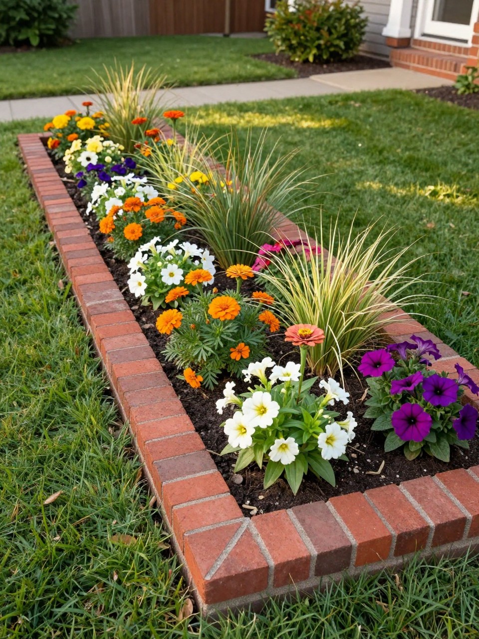 A neat flower bed edged with red bricks laid at a slight angle, colorful zinnias, marigolds, petunias, and ornamental grass inside the bed, clean lawn on one side, warm afternoon light, classic home garden setting, realistic photo style, no people, no text, no watermark.