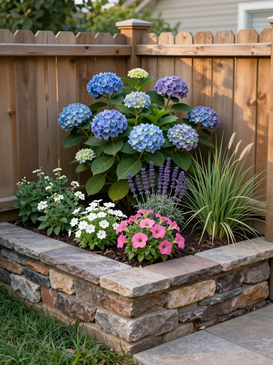 A cozy corner raised flower bed built where two garden fences meet, made with stacked stone and wood accents, filled with hydrangeas, lavender, pink petunias, white alyssum, and ornamental grass, soft mulch, warm evening light, realistic backyard garden corner, no people, no text, no watermarks on images.