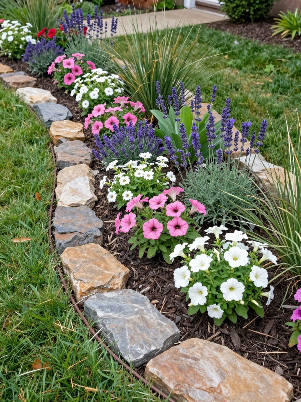 A realistic home garden flower bed with natural stone border edging, irregular flat stones placed along a soft curved bed, filled with lavender, pink petunias, white alyssum, purple salvia, and ornamental grass, fresh dark mulch inside the bed, green lawn beside it, sunny backyard garden, DSLR photo quality, no people, no text, no watermarks on images.