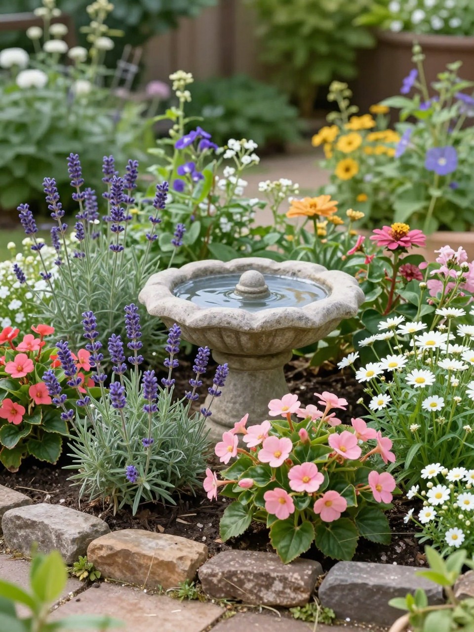 A cute cottage garden flower bed with a small stone birdbath in the center, surrounded by lavender, zinnias, daisies, pink begonias, white alyssum, and trailing lobelia, low stone edging, sunny backyard setting, realistic peaceful garden photo, no people, no text, no watermarks on images.