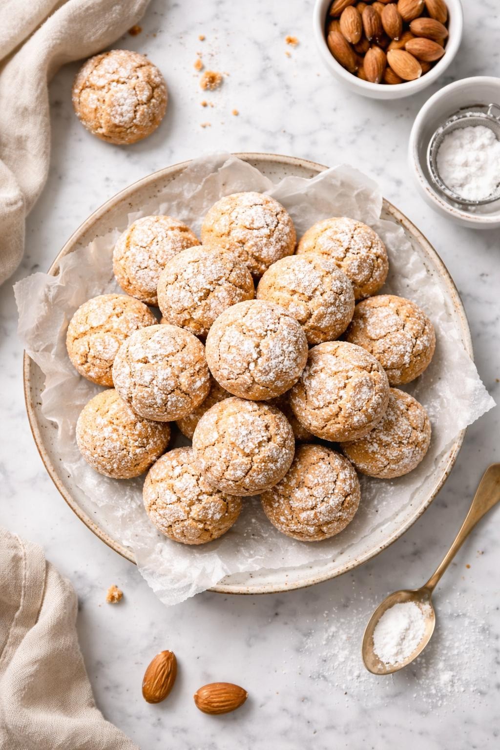 An overheard picture view of a plate of Amaretti Cookies sitting on a marble countertop table in the kitchen, professional food photography style.