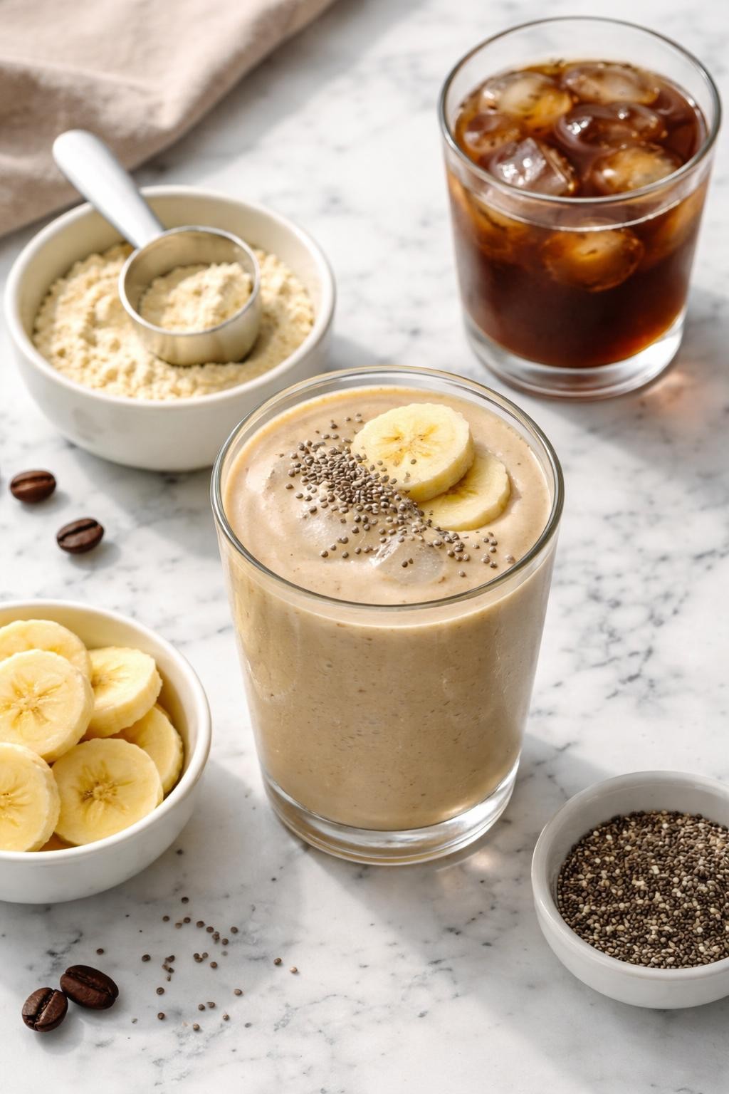 Realistic top-down food photography of a vanilla coffee protein smoothie in a clear glass on a clean white and gray marble countertop. The smoothie is pale coffee beige, thick, creamy, and smooth, styled with cold coffee in a plain glass, a small scoop of vanilla protein powder in a plain bowl, banana slices, and chia seeds nearby. Bright natural daylight, clean healthy breakfast smoothie styling, high detail, realistic creamy texture, no people, no hands, no text, no watermarks, no props with writing.