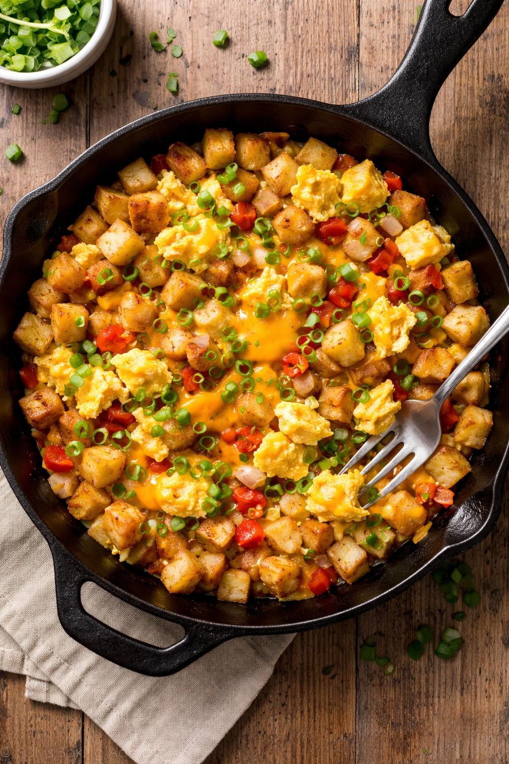 "Top-down realistic shot of a cast iron skillet filled with diced potatoes, scrambled eggs, melted cheddar cheese, and bits of onion and bell pepper. Green onions scattered on top. A fork resting in the skillet. Bright kitchen light, breakfast-for-dinner budget meal, no people, no hands, no text, no watermarks."
