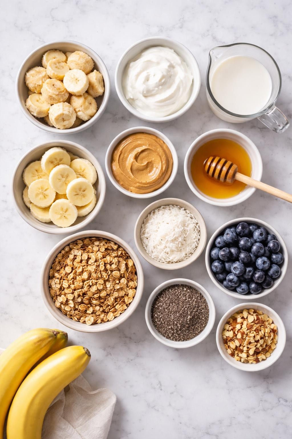 Prompt: A realistic top-down flat lay food photography image of banana smoothie bowl ingredients arranged neatly on a countertop marble table. Include frozen banana slices, fresh banana slices, thick Greek yogurt, almond milk, peanut butter, honey, granola, chia seeds, shredded coconut, crushed almonds, and fresh blueberries. Clean bright natural light, simple organized layout, no people, no hands, no text, no watermarks, no props with writing.