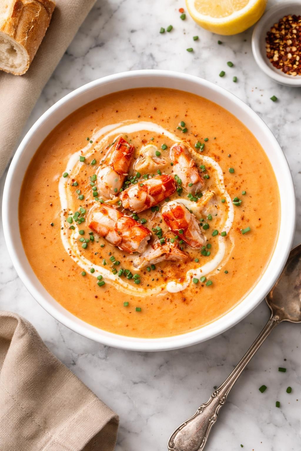 An overheard picture view of a plate of Classic Lobster Bisque sitting on a marble countertop table in the kitchen, professional food photography style.