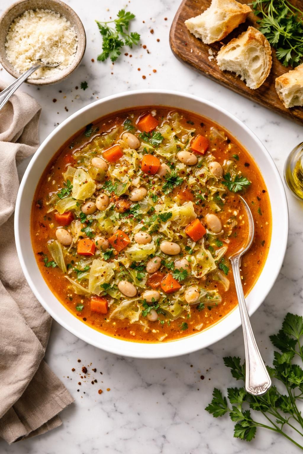 An overheard picture view of a plate of Hearty Cabbage Soup with White Beans sitting on a marble countertop table in the kitchen, professional food photography style.
