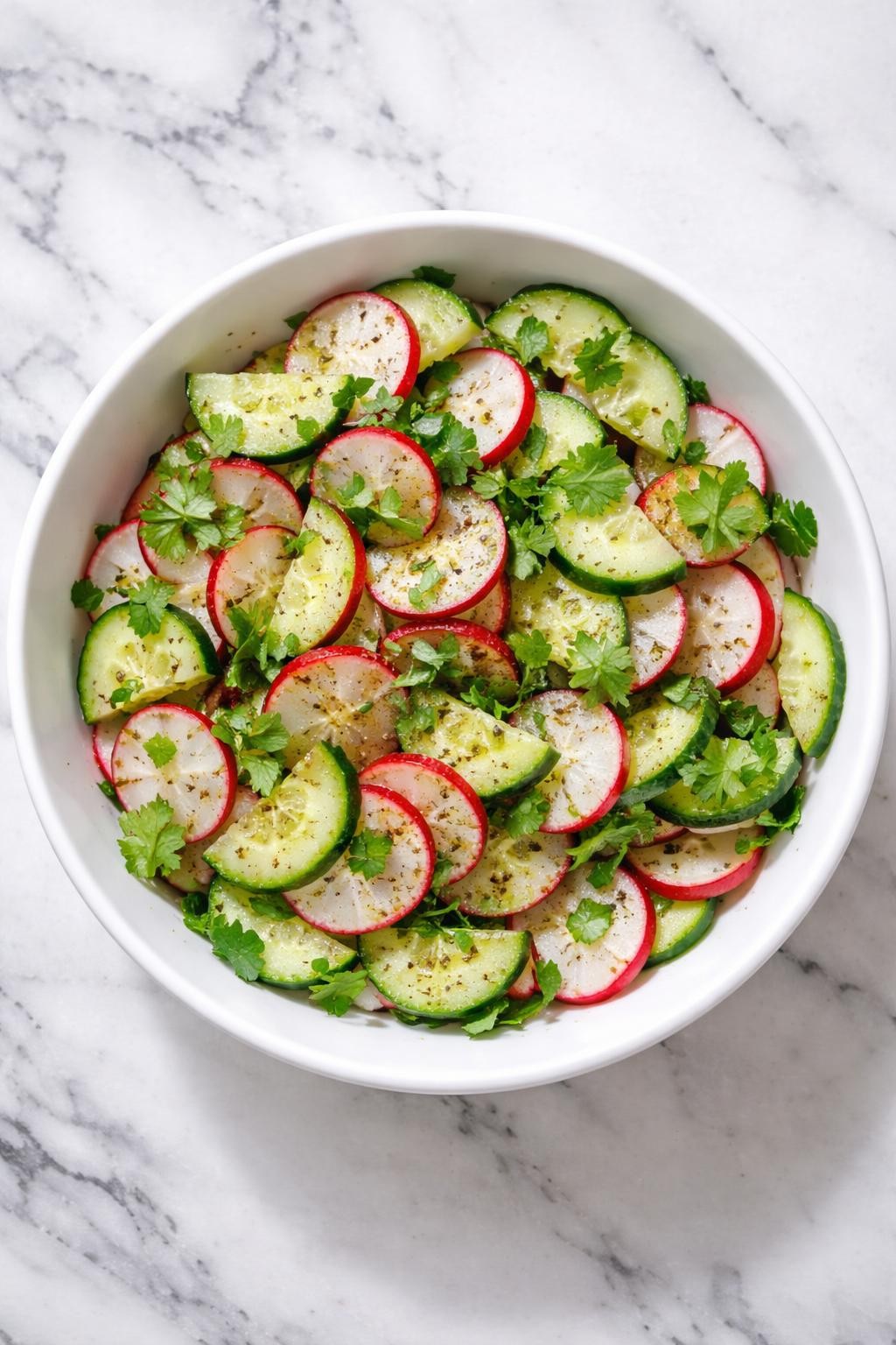 Image Prompt: Top-down realistic editorial food photography of radish cucumber salad in a simple white bowl on a clean white and gray marble countertop, sliced radish and cucumber mixed with cilantro, lemon juice, and cumin, crisp homemade Indian salad styling, bright natural light, soft shadows, high detail, no people, no hands, no text, no watermarks, no props with writing.