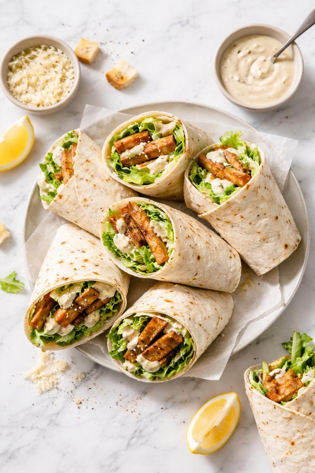Image Prompt: Top-down realistic editorial food photography of homemade vegan tempeh Caesar wraps on a clean white marble countertop, soft wraps filled with crisp romaine, browned tempeh strips, and creamy dairy-free Caesar dressing, cut in halves to show the filling, fresh easy homemade lunch mood, bright natural daylight, soft shadows, clean composition, high detail, no people, no hands, no text, no watermarks, no props with writing.