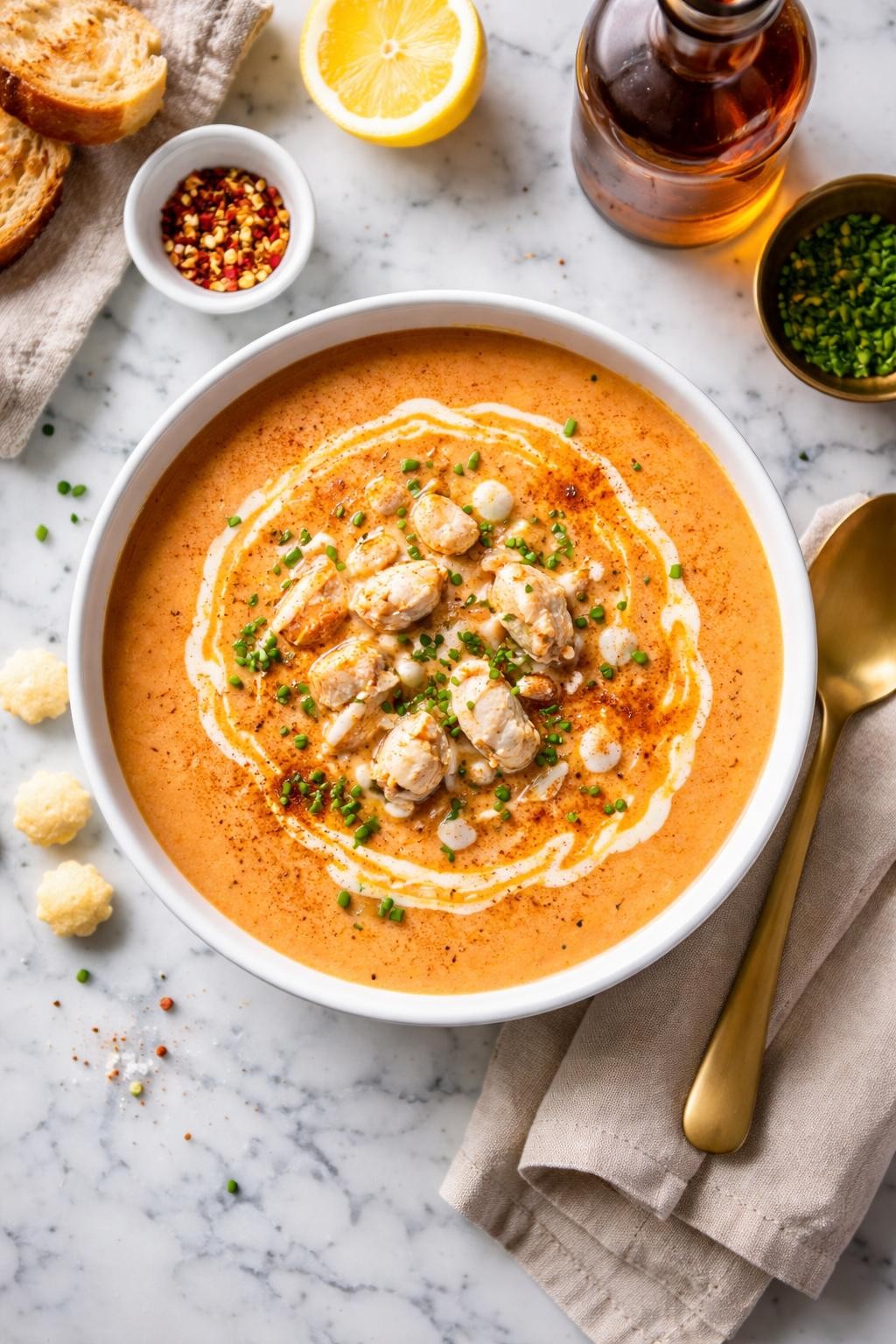 An overheard picture view of a plate of Crab Bisque with Sherry sitting on a marble countertop table in the kitchen, professional food photography style.