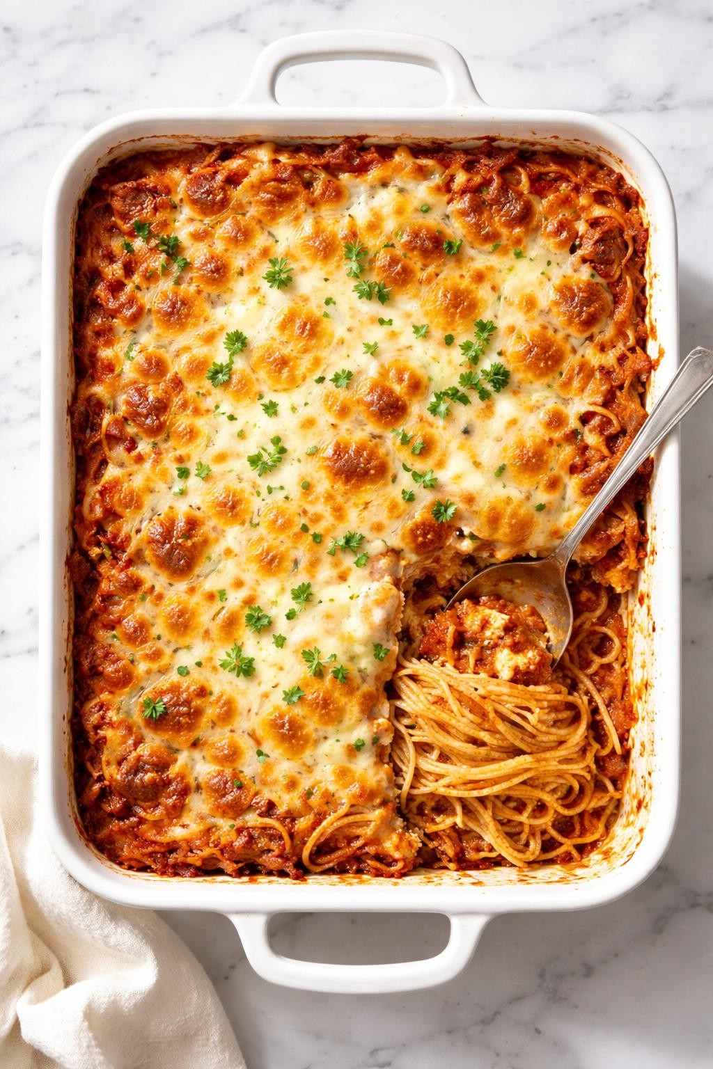 Prompt: Top-down realistic editorial food photography of leftover spaghetti lasagna style bake in a white ceramic baking dish on a clean white marble countertop, layered spaghetti noodles with ricotta, tomato sauce, and melted mozzarella, golden bubbly cheese top with a spooned section showing the rich layered inside, cozy homemade dinner mood, bright natural daylight, soft shadows, clean composition, high detail, realistic food texture, no people, no hands, no text, no watermarks, no props with writing.