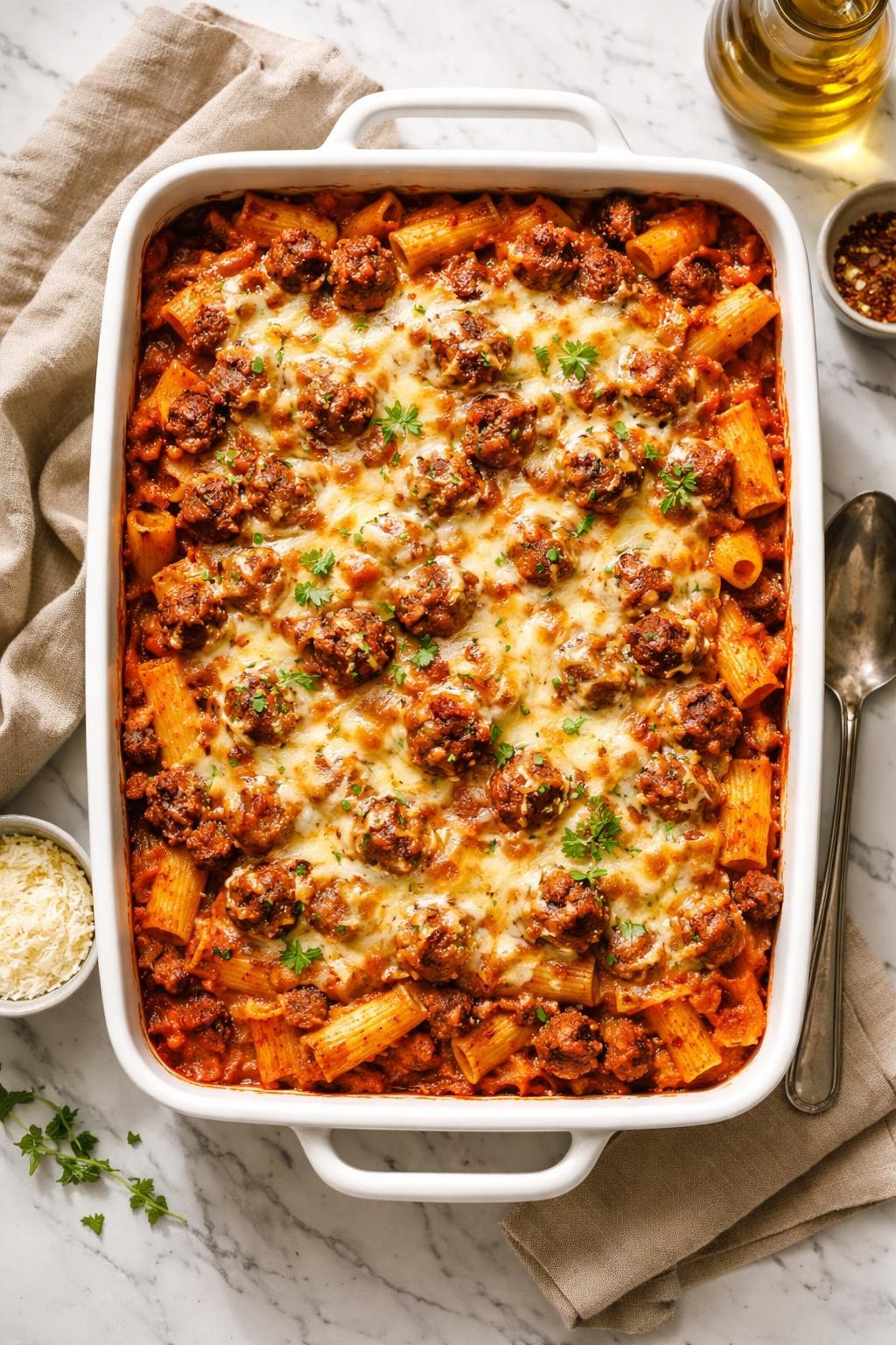 Image Prompt: Top-down realistic food photography of an Italian sausage pasta bake in a casserole dish on a white marble countertop, pasta mixed with tomato sauce, browned sausage, and melted golden cheese, warm natural window light, comforting weeknight dinner mood, no people, no hands, no text, no watermarks, no props with writing.