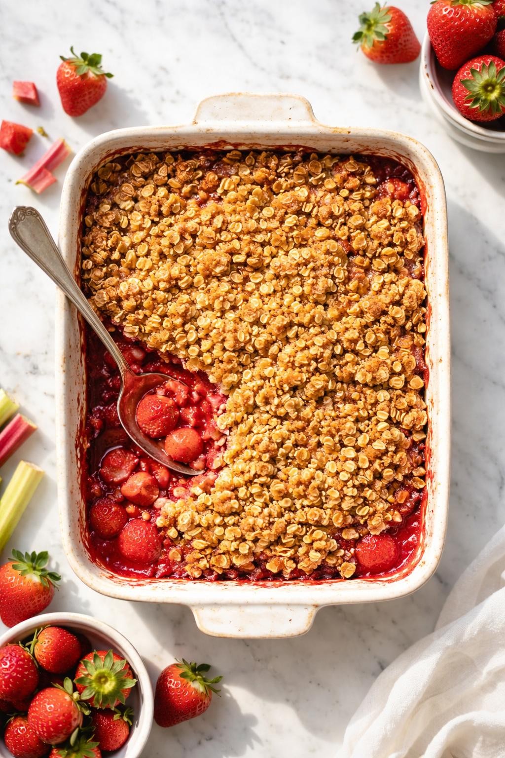 Image Prompt: Top-down realistic editorial food photography of a vegan strawberry rhubarb crisp in a rustic baking dish on a white marble countertop, bright red strawberry and pink rhubarb filling under a golden oat topping, a spoon scooped into one corner showing the juicy fruit, bright natural window light, fresh spring dessert mood, clean composition, no people, no hands, no text, no watermarks, no props with writing.