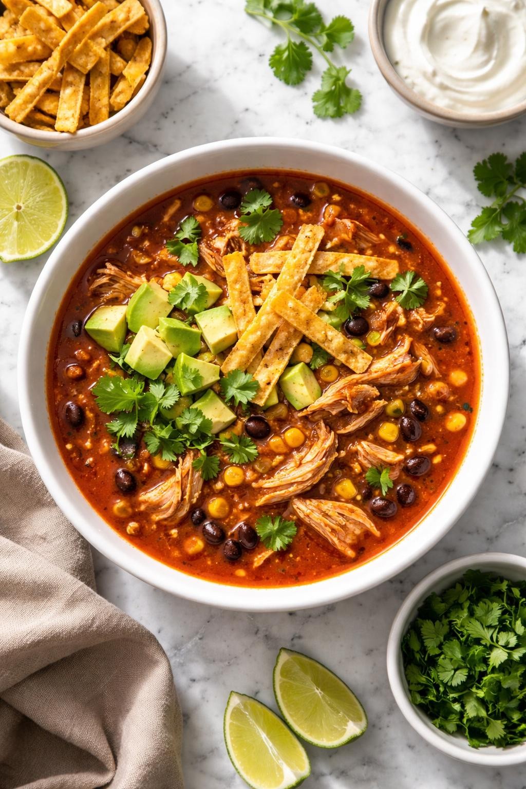 Image Prompt: Realistic top-down editorial food photography of chicken thigh tortilla soup in a white bowl on a white and gray marble countertop, tomato-based broth with shredded chicken thighs, black beans, corn, tortilla strips, avocado, and cilantro, cozy bold dinner mood, bright natural window light, no people, no hands, no text, no watermarks, no props with writing.