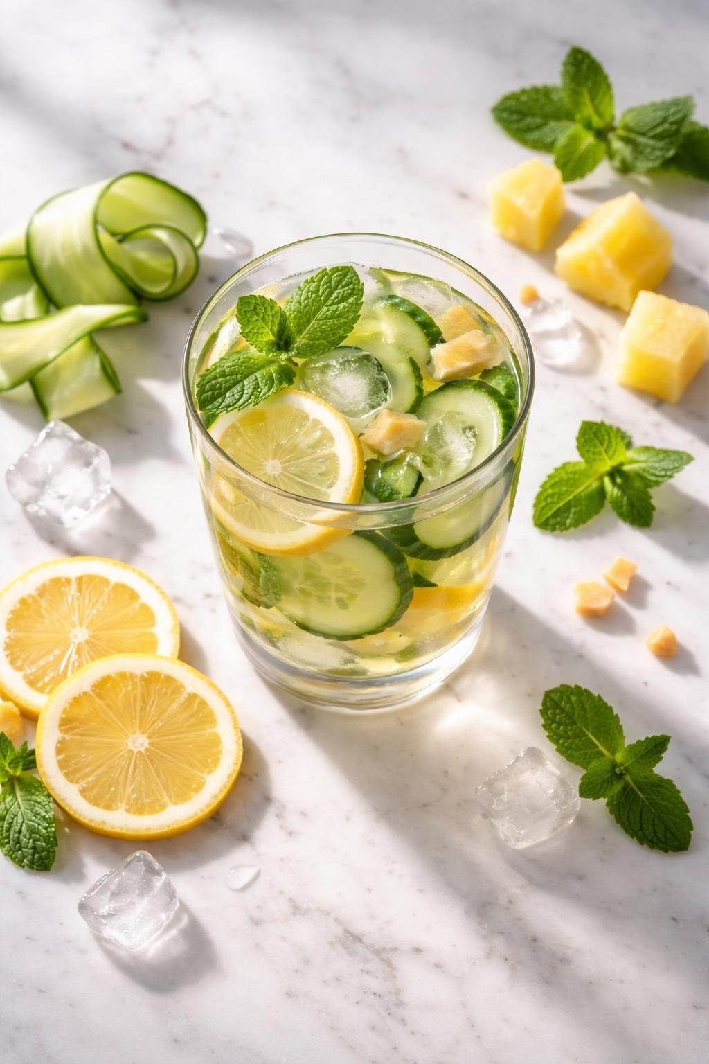 Prompt: A realistic top-down editorial food photography shot of a refreshing best body cleanse detox drink served in a clear glass filled with pale yellow cucumber pineapple lemon water, thin cucumber slices, lemon rounds, small pineapple chunks, fresh mint leaves, tiny ginger pieces, and ice cubes. The glass is sitting on a countertop marble table with soft natural morning light, extra cucumber ribbons, lemon slices, pineapple cubes, mint leaves, and a few ice cubes arranged neatly nearby, clean fresh wellness drink mood, no people, no hands, no text, no watermarks, no props with writing.
