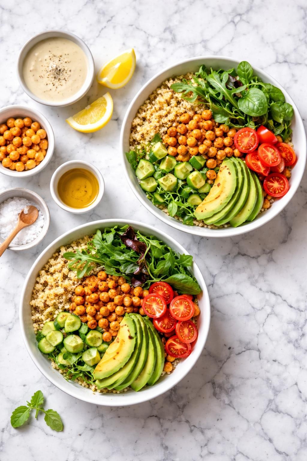 Image Prompt: Top-down realistic editorial food photography of quinoa chickpea power bowls on a clean white and gray marble countertop, fluffy quinoa topped with roasted chickpeas, cucumber, tomatoes, avocado, and leafy greens, fresh homemade vegan meal styling, bright natural window lighting, soft shadows, clean composition, high detail, realistic food texture, no people, no hands, no text, no watermarks, no props with writing.