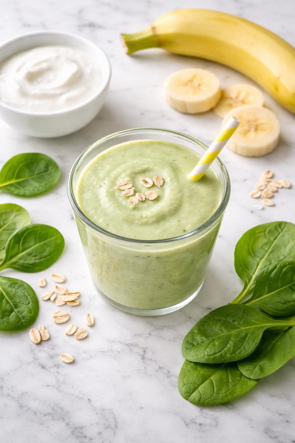 Realistic top-down editorial food photography of a mild spinach banana toddler smoothie in a small clear cup on a clean white and gray marble countertop. The smoothie is pale green, creamy, and smooth, styled with baby spinach leaves, banana slices, yogurt, and a few soft oat flakes nearby. Bright natural window lighting, clean healthy toddler snack styling, high detail, realistic smoothie texture, no people, no hands, no text, no watermarks, no props with writing.