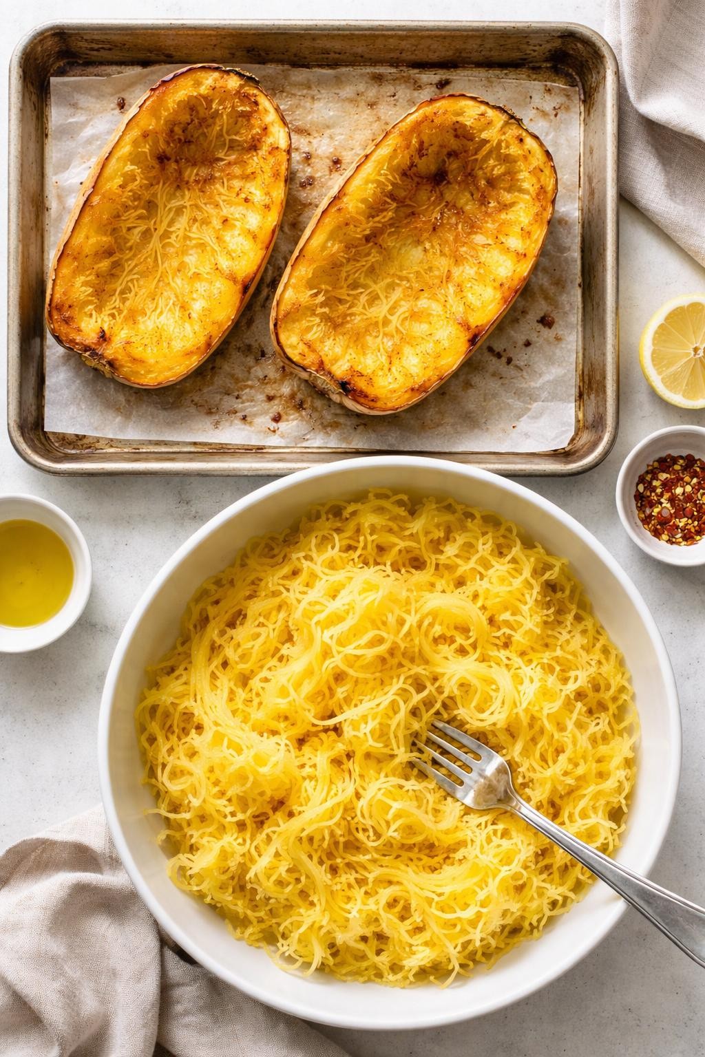 "Top-down realistic photo of two halved spaghetti squash on a baking sheet, roasted cut-side down, showing the golden interior. A fork shredding the squash into strands in a bowl. Bright natural light, vegetable noodle prep, no people, no hands, no text, no watermarks."