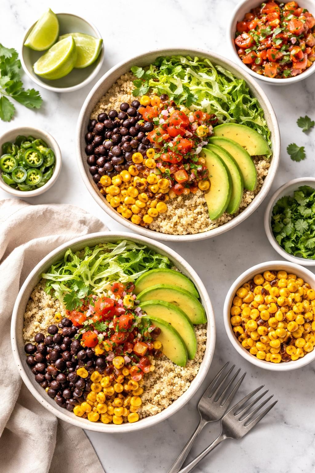 Image Prompt: Top-down realistic editorial food photography of quinoa burrito bowls on a clean white and gray marble countertop, fluffy quinoa topped with black beans, corn, salsa, avocado, and shredded lettuce, colorful homemade vegan dinner styling, bright natural light, soft shadows, high detail, no people, no hands, no text, no watermarks, no props with writing.