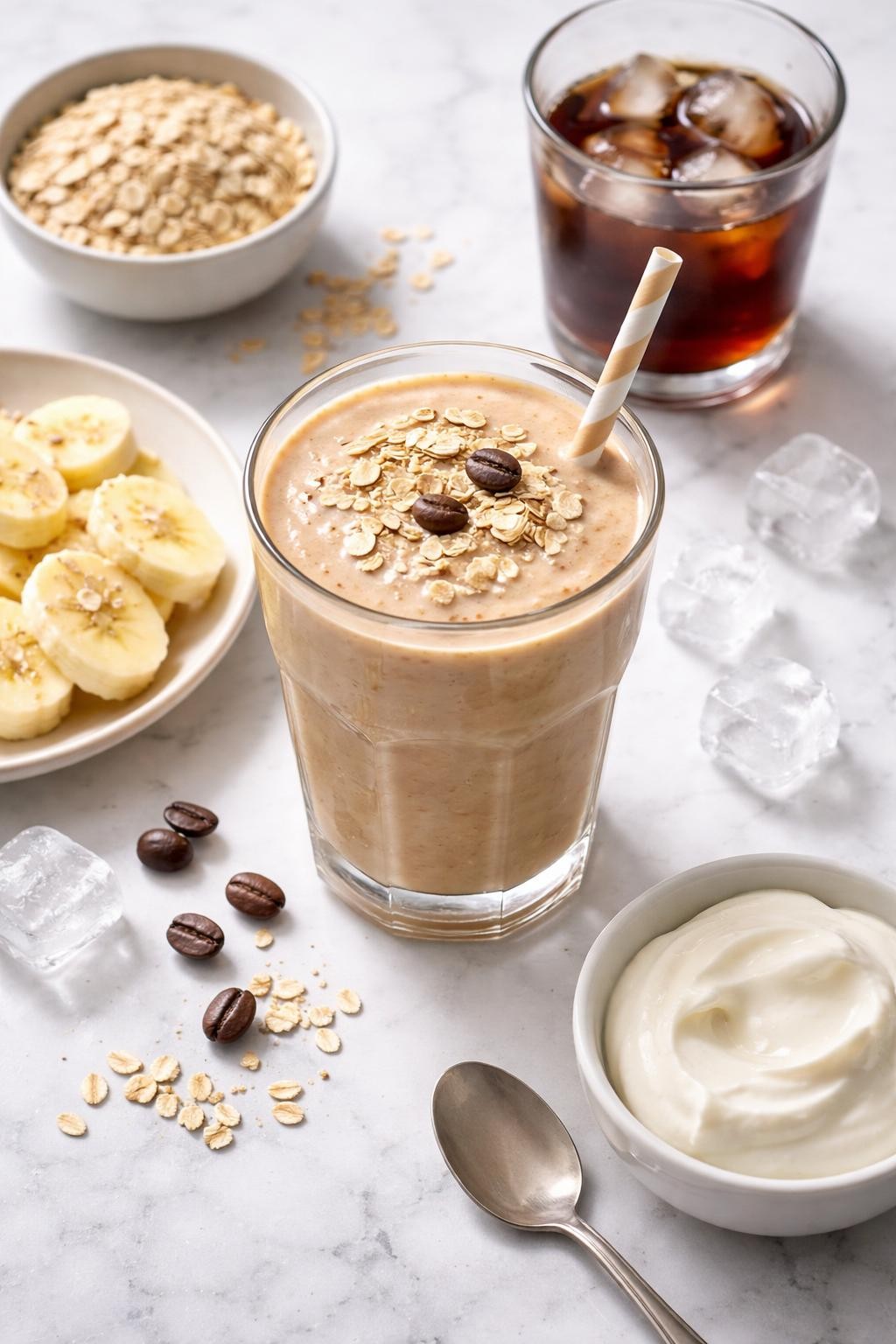 Realistic top-down editorial food photography of an iced coffee breakfast smoothie served in a clear glass on a clean white marble countertop. The smoothie is creamy light brown, thick and cold-looking, styled with cold coffee, rolled oats, banana slices, Greek yogurt in a plain bowl, and ice cubes nearby. Bright natural daylight, clean busy morning breakfast styling, realistic thick smoothie texture, no people, no hands, no text, no watermarks, no props with writing.