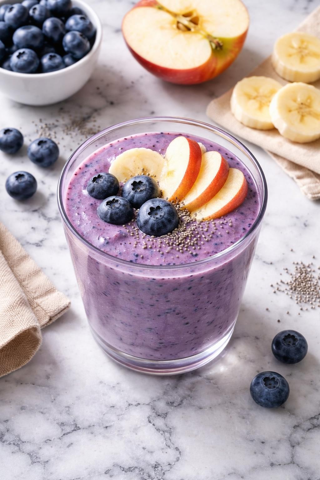 Realistic top-down editorial food photography of an apple blueberry smoothie served in a clear glass on a white and gray marble countertop. The smoothie is purple-blue with a creamy smooth texture, styled with blueberries, apple slices, banana rounds, and a few chia seeds nearby. Soft natural daylight, clean homemade breakfast mood, high detail, realistic smoothie texture, no people, no hands, no text, no watermarks, no props with writing.