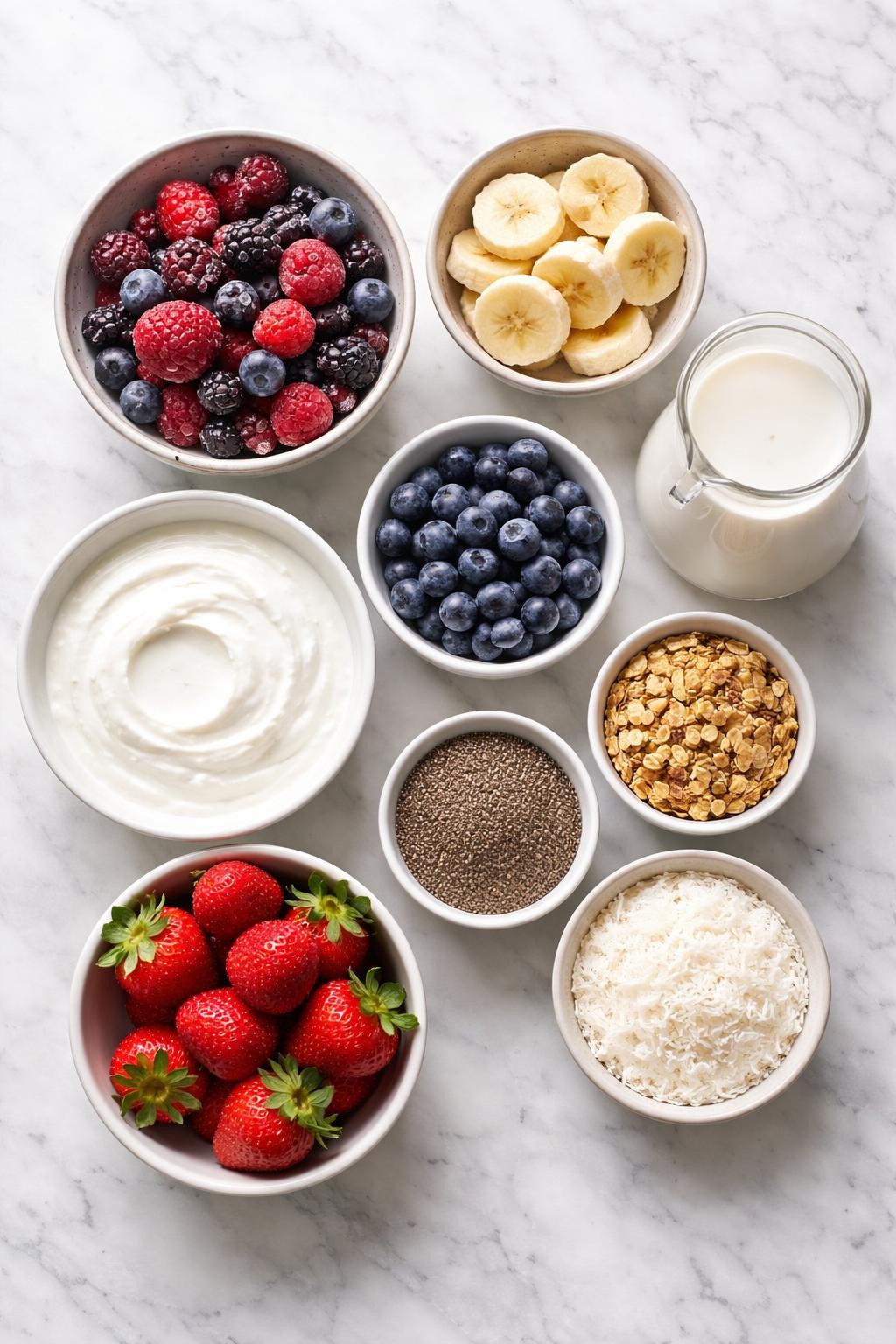 Prompt: A realistic top-down flat lay food photography image of low calorie smoothie bowl ingredients arranged neatly on a countertop marble table. Include frozen mixed berries, frozen banana slices, plain low-fat Greek yogurt, unsweetened almond milk, fresh strawberries, fresh blueberries, chia seeds, a small portion of granola, and shredded coconut. Clean bright natural light, simple organized layout, no people, no hands, no text, no watermarks, no props with writing.