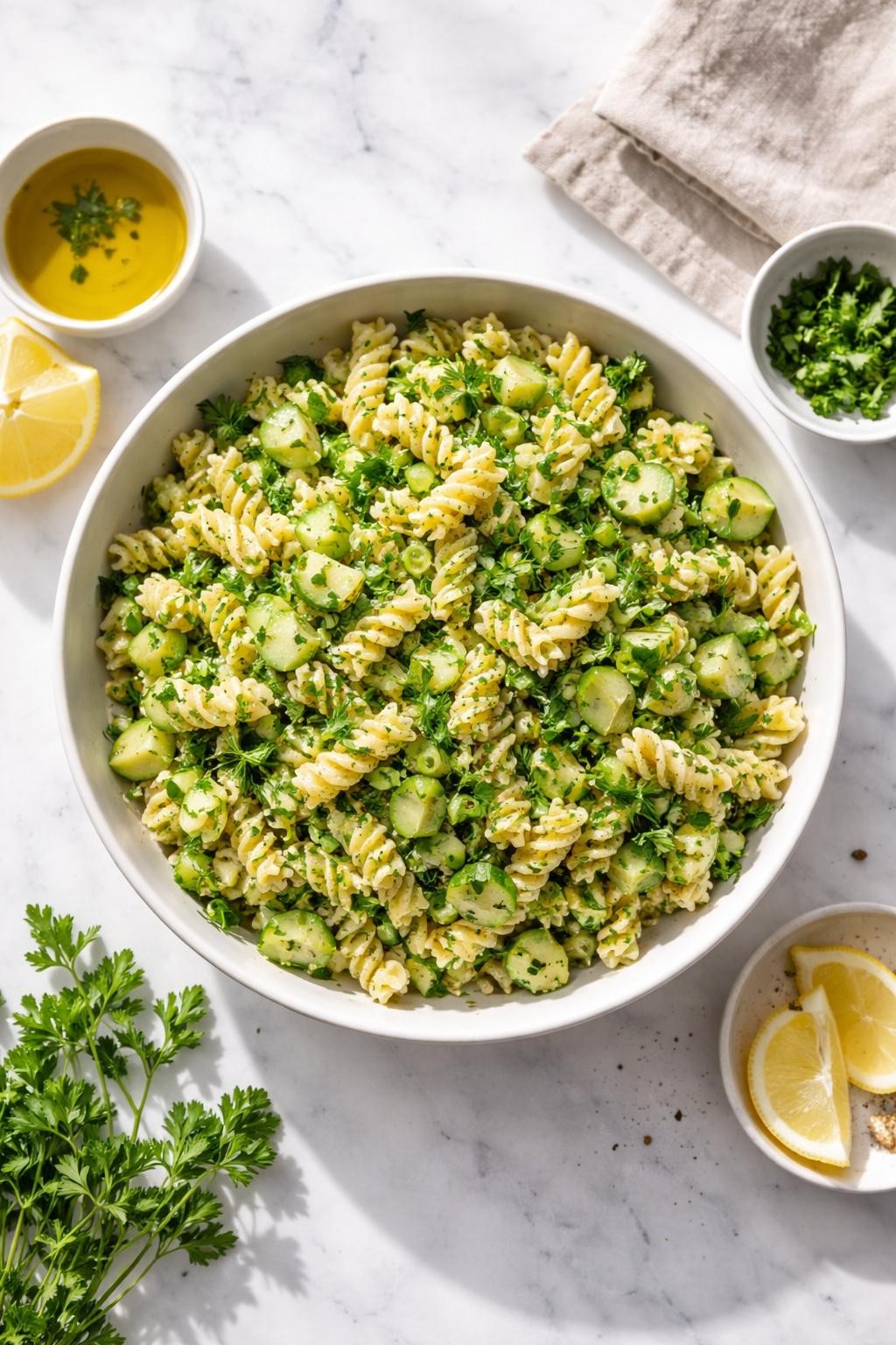 Image Prompt: Top-down realistic editorial food photography of a homemade vegan lemon herb pasta salad on a clean white marble countertop, pasta mixed with cucumber, parsley, dill, and light lemon dressing in a simple bowl, bright clean homemade meal mood, natural daylight, soft shadows, clean styling, high detail, no people, no hands, no text, no watermarks, no props with writing.