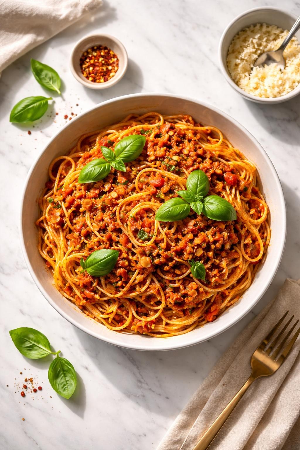 Image Prompt: Top-down realistic editorial food photography of a bowl of vegan TVP bolognese pasta on a clean white marble countertop, spaghetti coated in a rich tomato sauce with seasoned TVP, onions, garlic, and herbs, finished with fresh basil on top, cozy homemade pasta dinner mood, bright natural daylight, soft shadows, clean editorial styling, high detail, realistic food texture, no people, no hands, no text, no watermarks, no props with writing.
