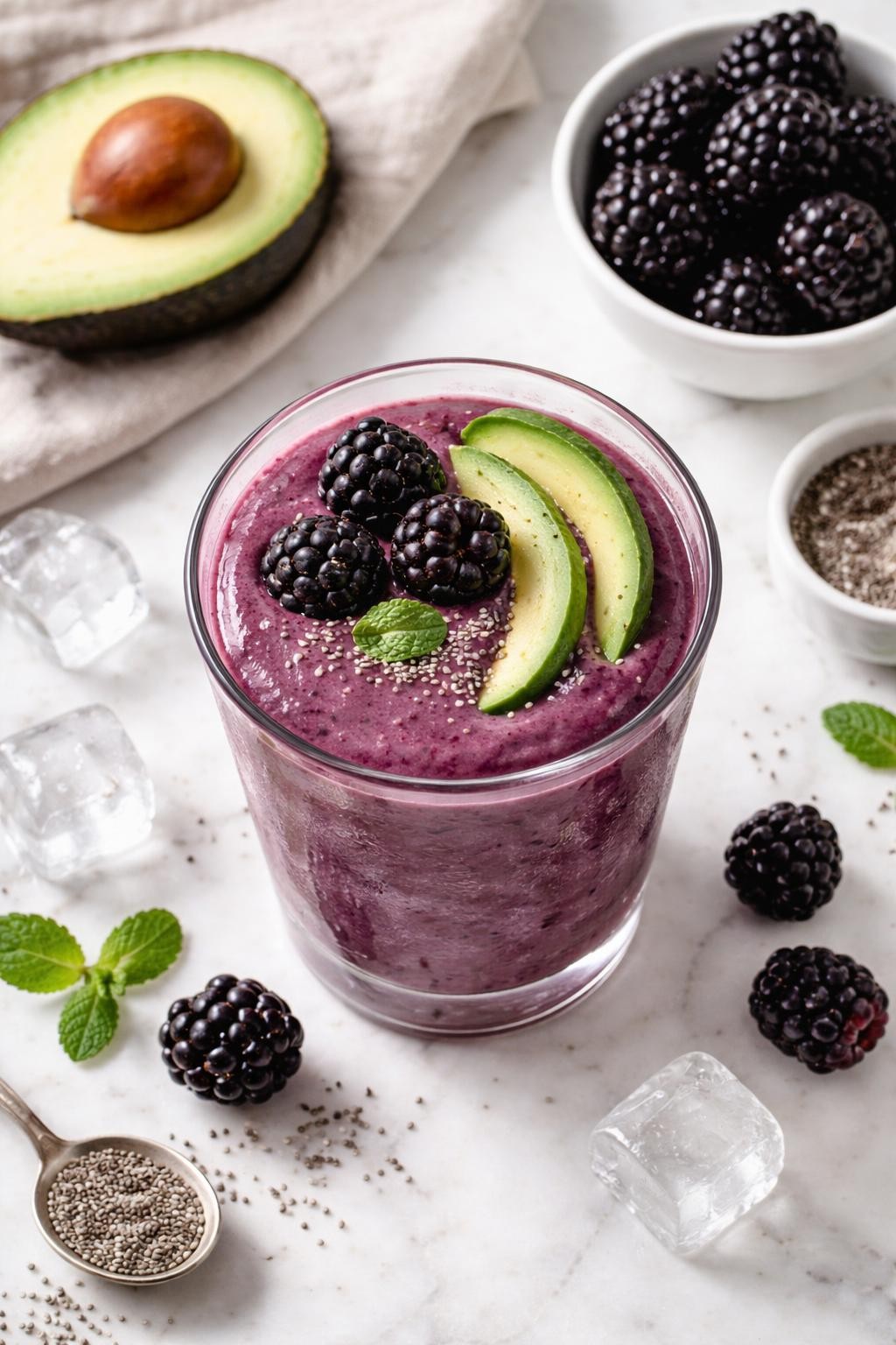 Realistic top-down editorial food photography of a keto blackberry avocado smoothie in a clear glass on a light marble countertop. The smoothie is deep purple with a creamy thick texture, styled with blackberries, avocado slices, chia seeds, and a few ice cubes nearby. Bright natural daylight, clean low-carb breakfast styling, high detail, realistic smoothie texture, no people, no hands, no text, no watermarks, no props with writing.
