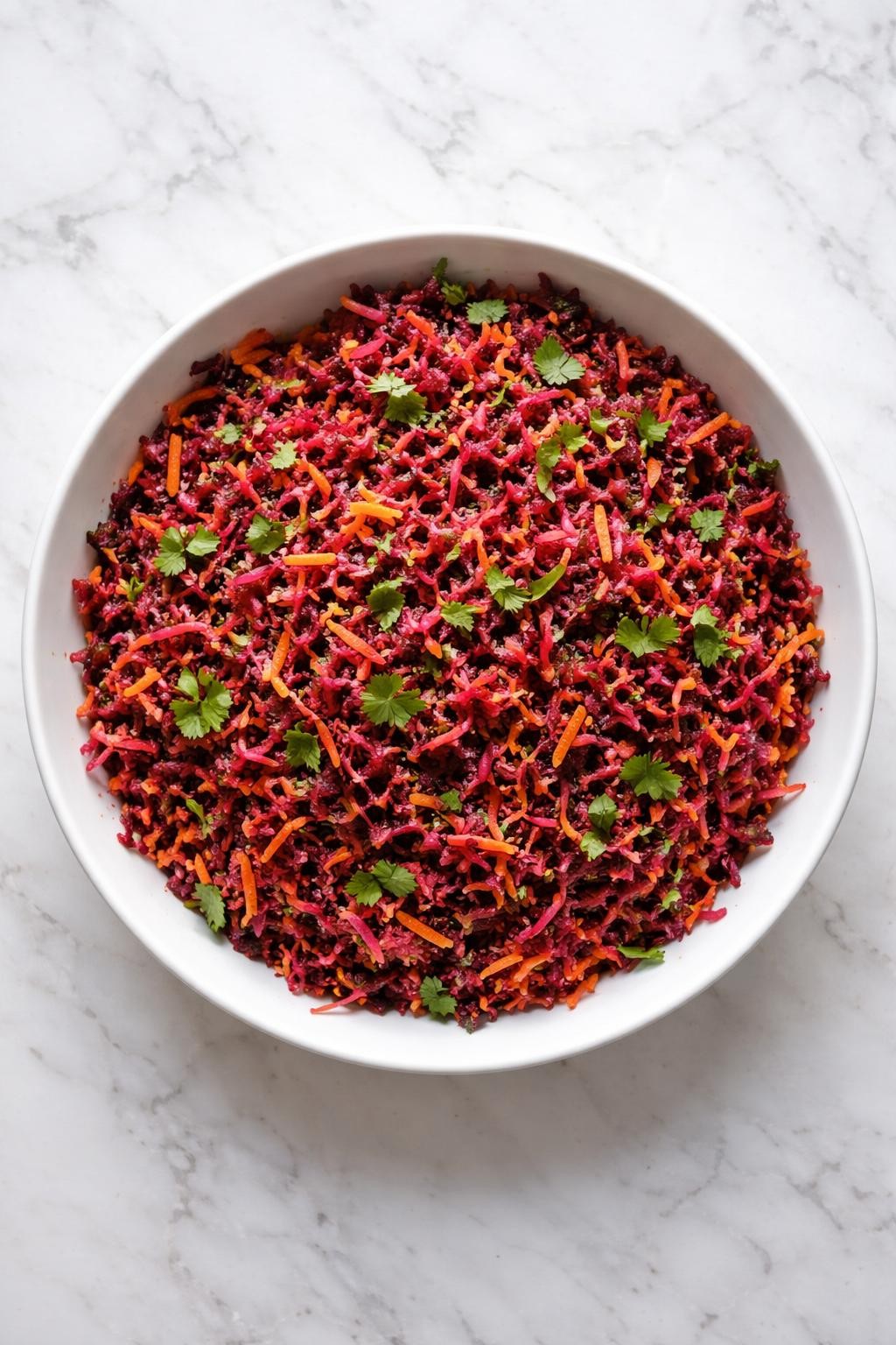 Image Prompt: Top-down realistic food photography of beetroot carrot Indian salad in a white bowl on a clean marble countertop, grated beetroot and carrot mixed with lemon juice, cilantro, and mild spices, colorful homemade Indian salad styling, bright natural daylight, clean editorial composition, high detail, no people, no hands, no text, no watermarks, no props with writing.