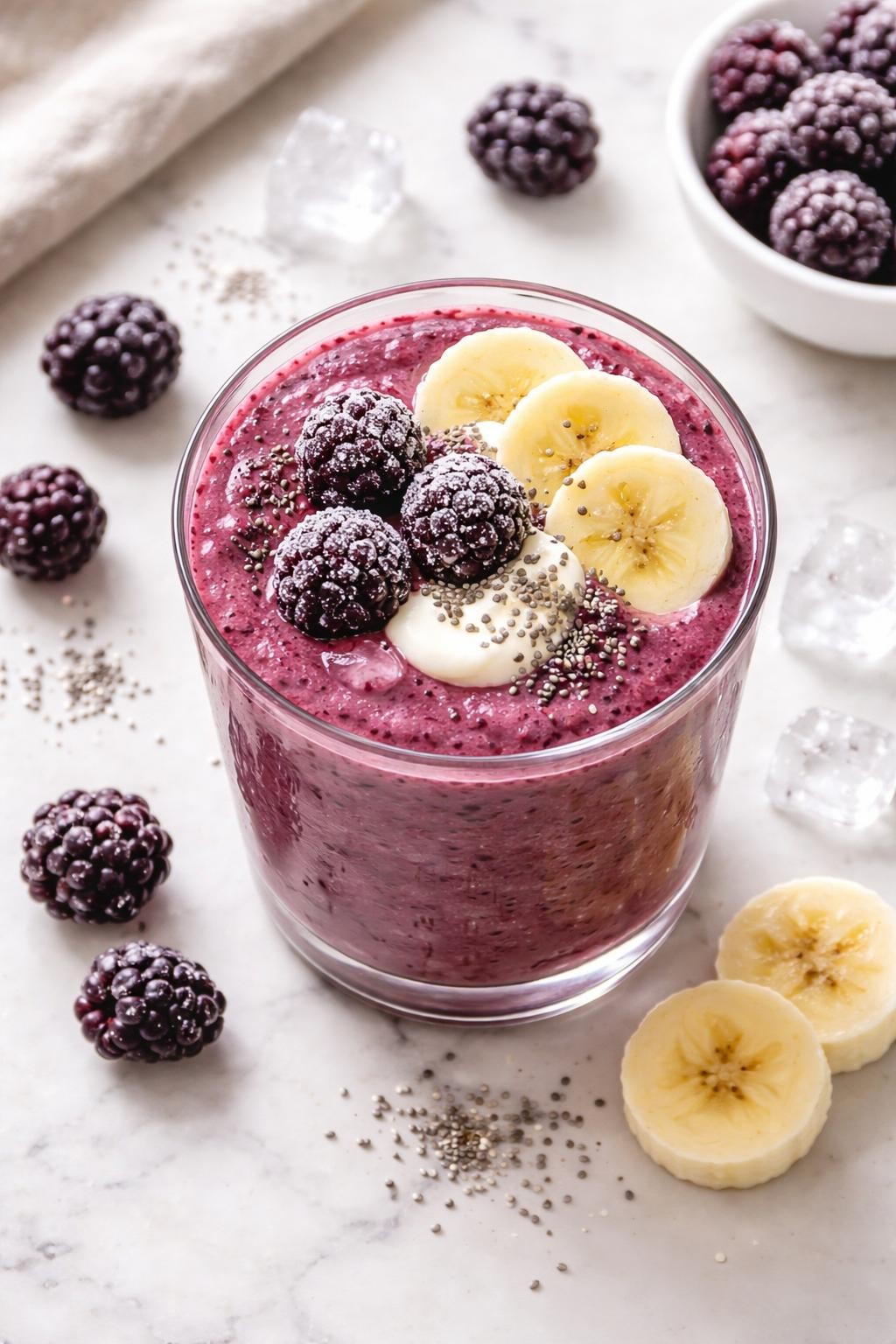 Realistic top-down editorial food photography of a frozen blackberry smoothie served in a clear glass on a light marble countertop. The smoothie is deep purple, thick, creamy, and cold, styled with frozen blackberries, banana slices, Greek yogurt, chia seeds, and a few ice crystals nearby. Bright natural daylight, clean berry smoothie styling, high detail, realistic smoothie texture, no people, no hands, no text, no watermarks, no props with writing.