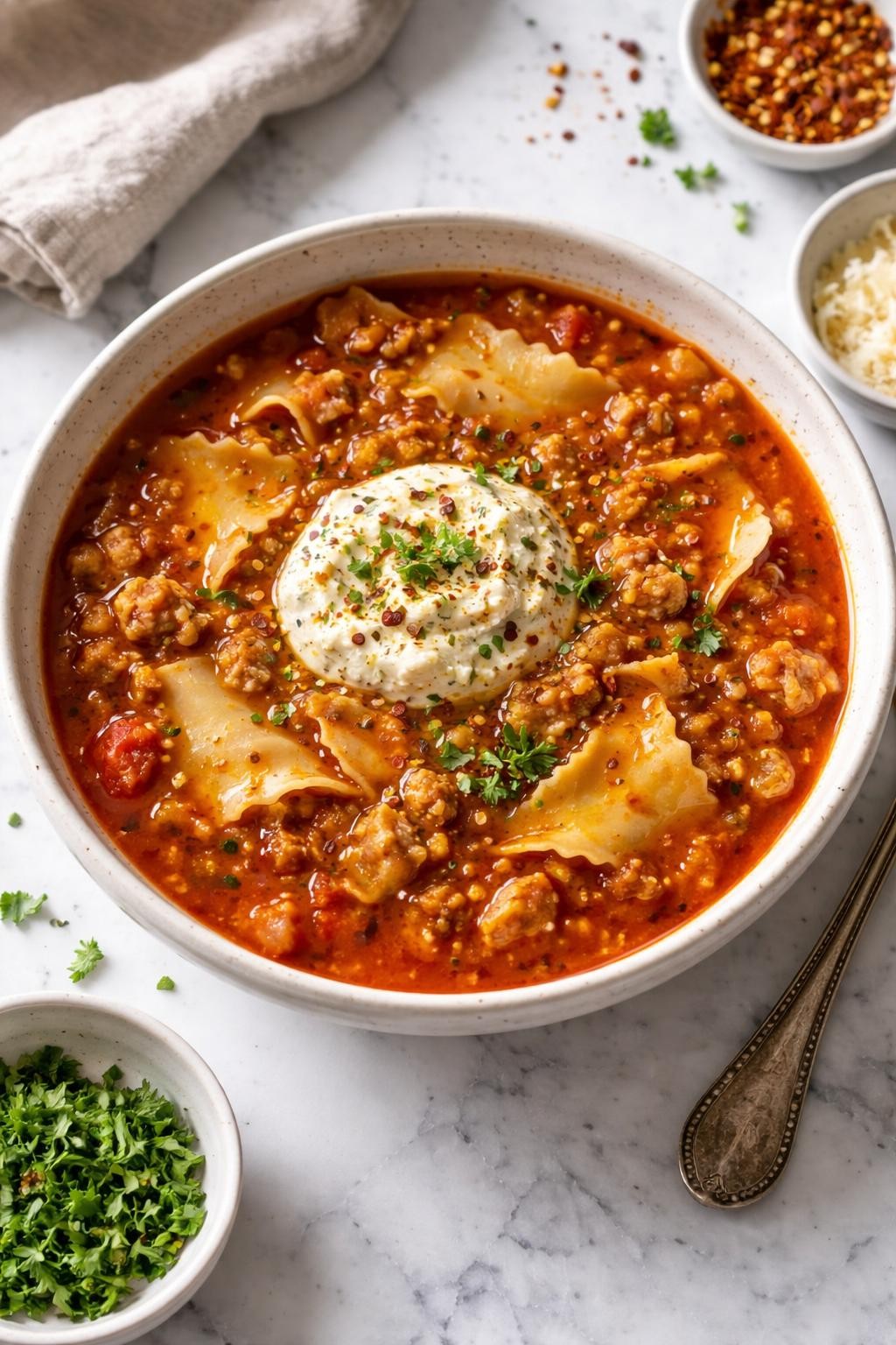 Image Prompt: Top-down realistic editorial food photography of a bowl of vegan TVP lasagna soup on a clean white and gray marble countertop, rich tomato broth with broken lasagna noodles, seasoned TVP, onions, garlic, and herbs, topped with a small spoonful of vegan ricotta, cozy homemade dinner mood, bright natural window light, soft shadows, high detail, no people, no hands, no text, no watermarks, no props with writing.