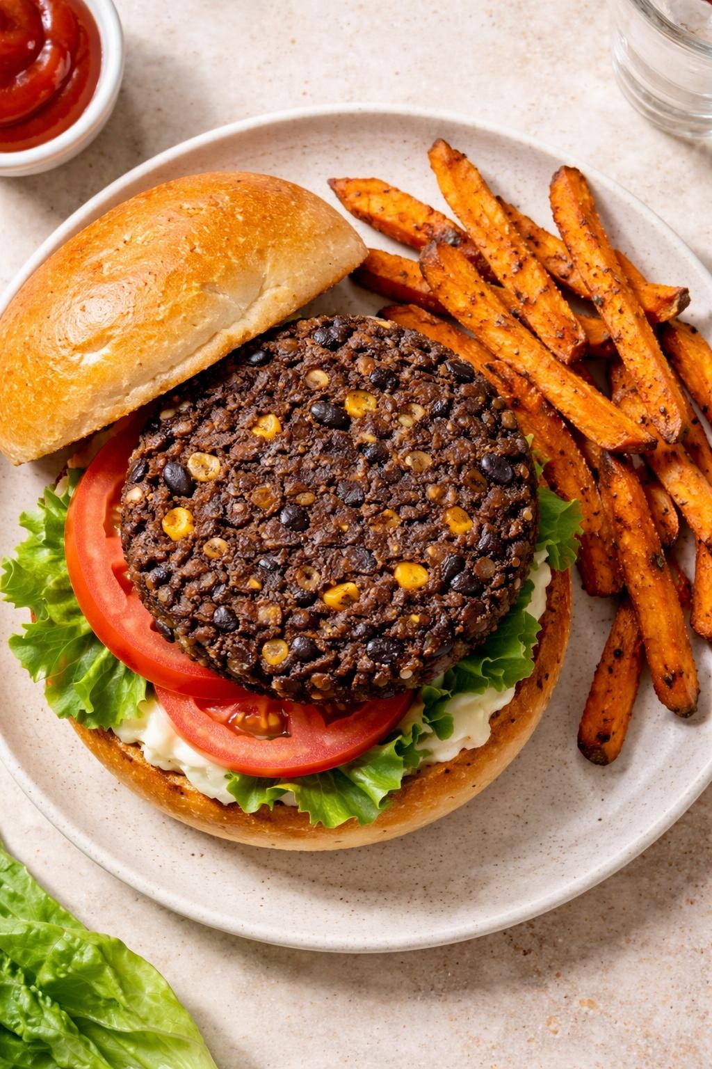 "Overhead realistic photo of a black bean burger patty on a toasted bun, with lettuce, tomato slice, and a smear of mayo. A small handful of sweet potato fries on the side. The patty is dark brown with visible bean and corn bits. Soft natural light, meatless and wallet-friendly dinner, no people, no hands, no text, no watermarks."