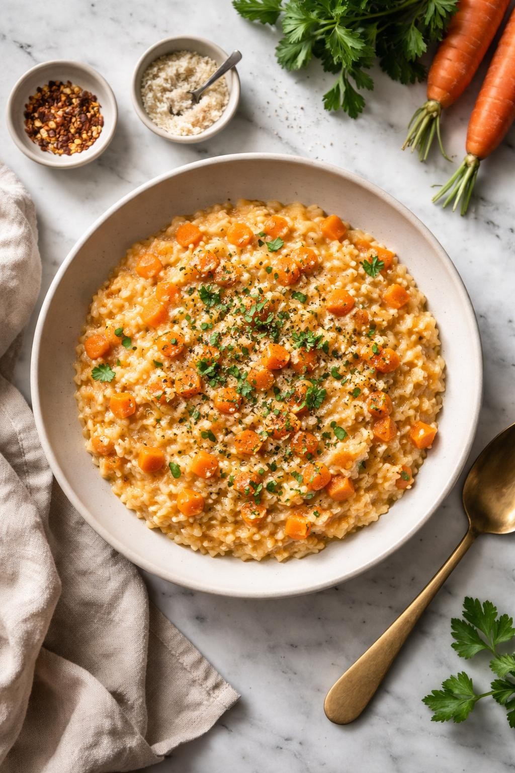 Image Prompt: Top-down realistic food photography of creamy vegan carrot risotto in a shallow bowl on a white and gray marble countertop, glossy arborio rice mixed with tender diced carrots and herbs, warm homemade dinner styling, natural daylight, clean editorial composition, high detail, no people, no hands, no text, no watermarks, no props with writing.