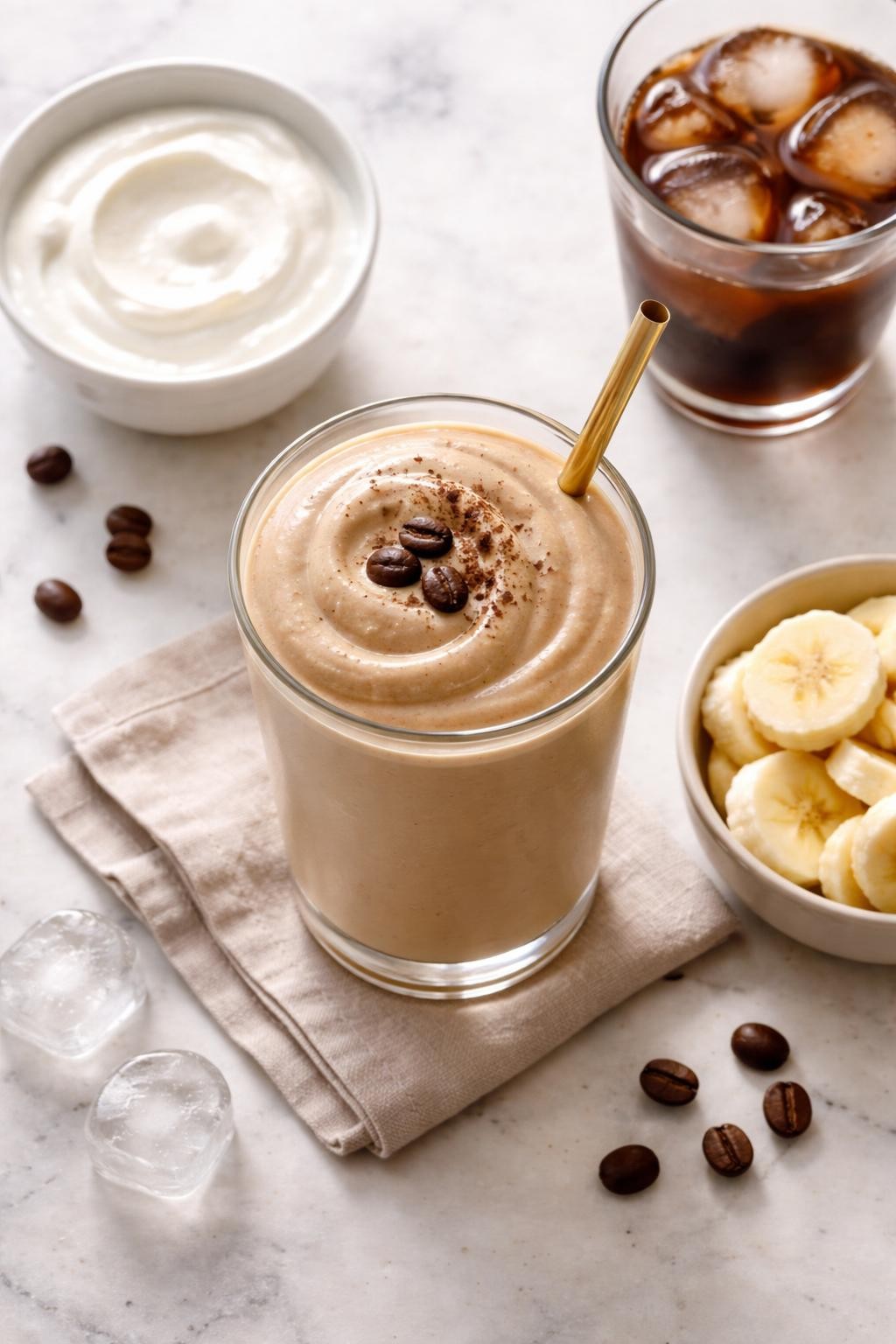 Realistic top-down editorial food photography of a creamy coffee Greek yogurt smoothie served in a clear glass on a light marble countertop. The smoothie is soft coffee brown, thick, smooth, and creamy, styled with Greek yogurt in a plain bowl, cold coffee, banana slices, and a few ice cubes nearby. Soft natural window lighting, clean morning snack styling, realistic creamy texture, high detail, no people, no hands, no text, no watermarks, no props with writing.