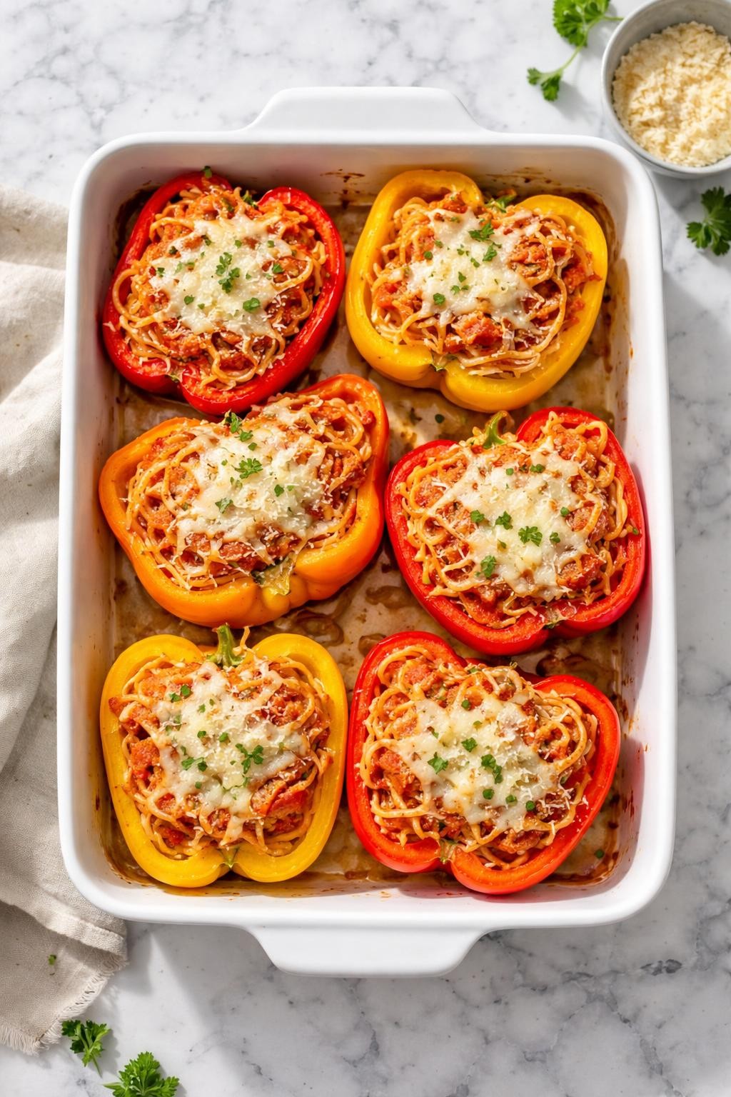 Prompt: Top-down realistic editorial food photography of spaghetti stuffed bell peppers in a baking dish on a clean white and gray marble countertop, halved bell peppers filled with spaghetti noodles, tomato sauce, and melted cheese, lightly browned tops and colorful homemade presentation, bright natural daylight, soft shadows, clean composition, high detail, realistic food texture, no people, no hands, no text, no watermarks, no props with writing.