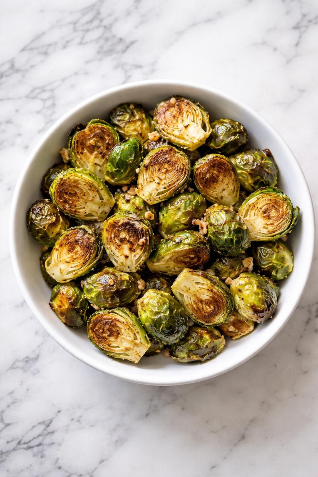Image Prompt: Top-down realistic editorial food photography of homemade roasted garlic Brussels sprouts on a clean white and gray marble countertop, halved Brussels sprouts roasted until golden and crisp on the edges with visible garlic pieces and light seasoning, arranged in a simple white serving bowl, warm savory homemade side dish mood, bright natural window lighting, soft shadows, clean composition, high detail, realistic food texture, no people, no hands, no text, no watermarks, no props with writing.