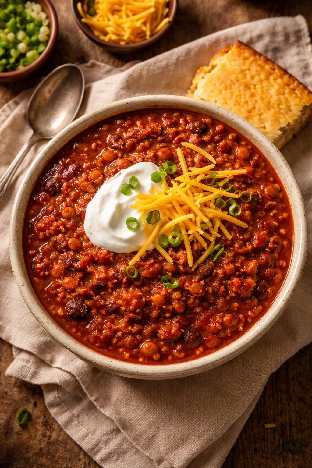 "Overhead realistic shot of a bowl of chili made with ground beef and red lentils, topped with a spoonful of Greek yogurt and a sprinkle of cheddar cheese. The chili is thick and dark red. A piece of cornbread on the side. Warm kitchen light, hearty make-ahead chili, no people, no hands, no text, no watermarks."