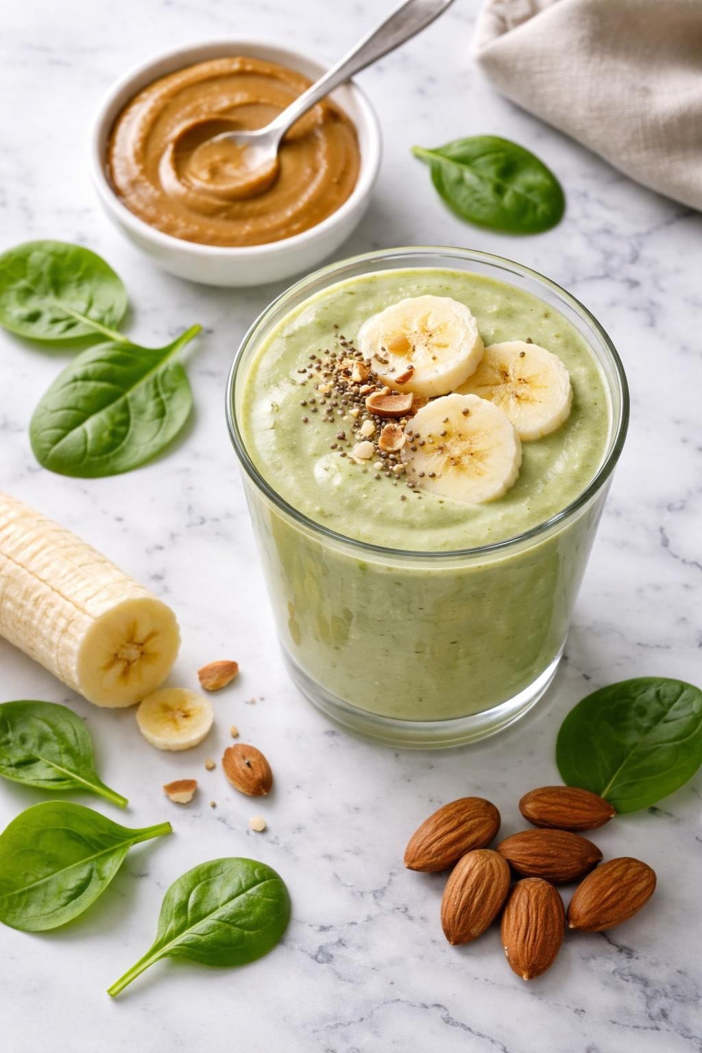 Realistic top-down editorial food photography of a creamy almond butter green smoothie in a clear glass on a white and gray marble countertop. The smoothie is pale green, thick, and smooth, styled with banana slices, spinach leaves, a small spoon of almond butter in a plain dish, and a few almonds scattered neatly nearby. Soft natural window lighting, clean cozy breakfast styling, high detail, realistic creamy texture, no people, no hands, no text, no watermarks, no props with writing.