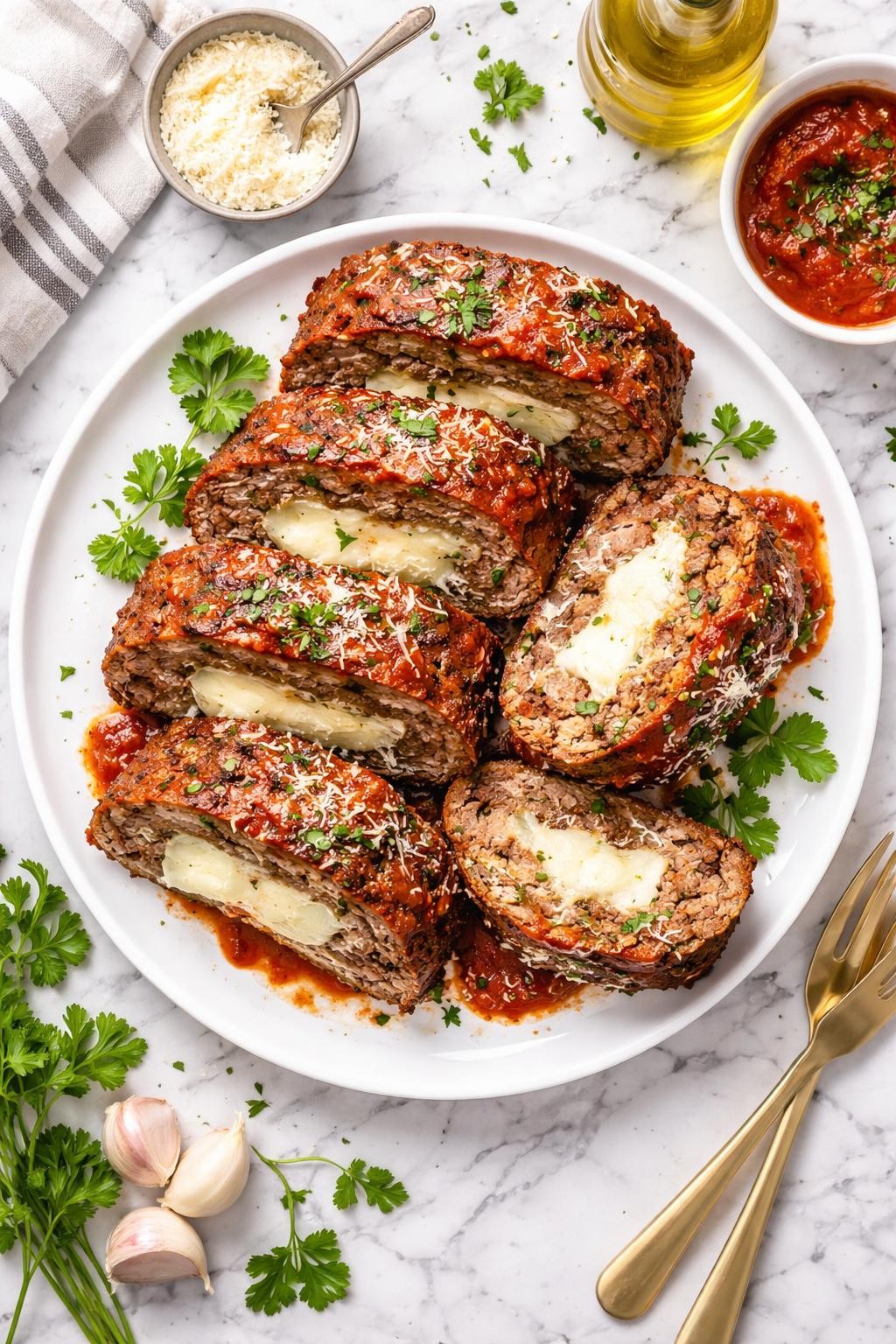 An overheard picture view of a plate of Stuffed Italian Meatloaf with Mozzarella Center sitting on a marble countertop table in the kitchen, professional food photography style.