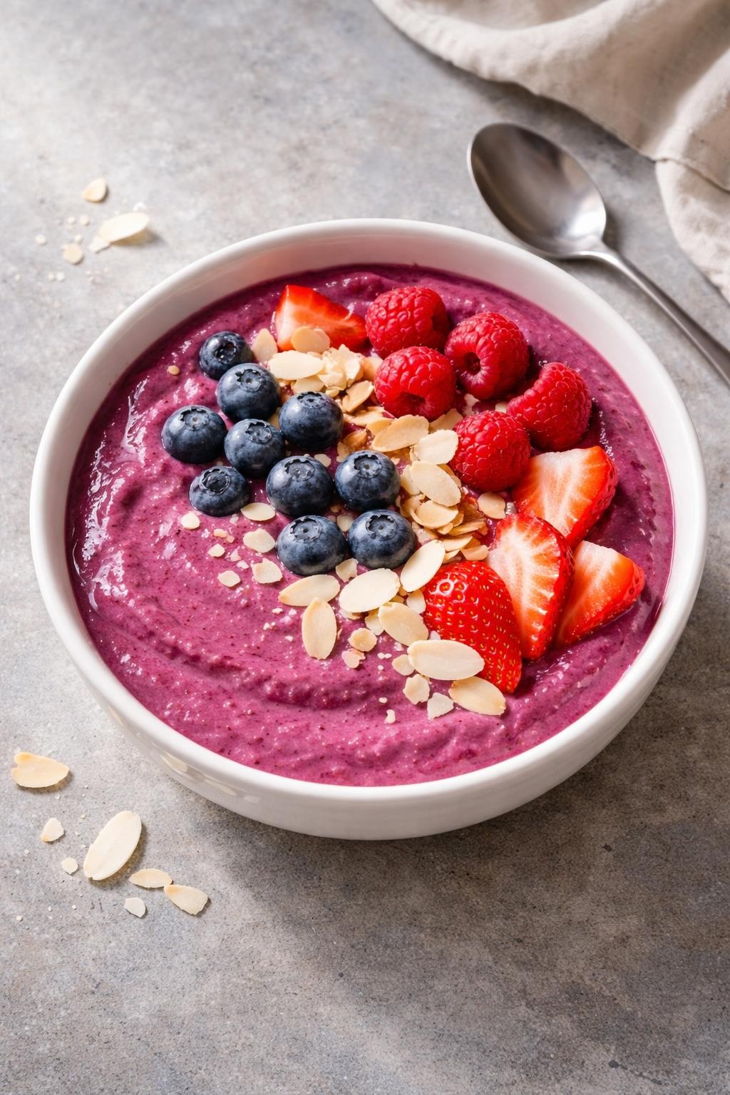 Photo prompt: Realistic top-down editorial food photography of a thick purple smoothie bowl in a wide white ceramic bowl on a gray stone countertop. The smoothie is topped with fresh blueberries, raspberries, sliced strawberries, a sprinkle of slivered almonds, and a few coconut flakes. A spoon rests beside the bowl. Soft morning light from the side, creamy and vibrant texture, refreshing and wholesome breakfast mood, no people, no hands, no text, no watermarks, no props with writing.