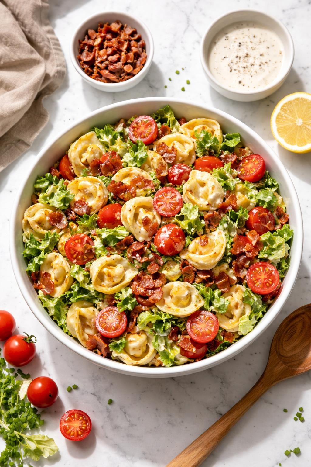 Image Prompt: Realistic top-down editorial food photography of BLT tortellini pasta salad on a clean white marble countertop, cheese tortellini with crispy bacon, chopped romaine, cherry tomatoes, and creamy dressing in a large bowl, bright homemade lunch styling, natural daylight, soft shadows, no people, no hands, no text, no watermarks, no props with writing.
