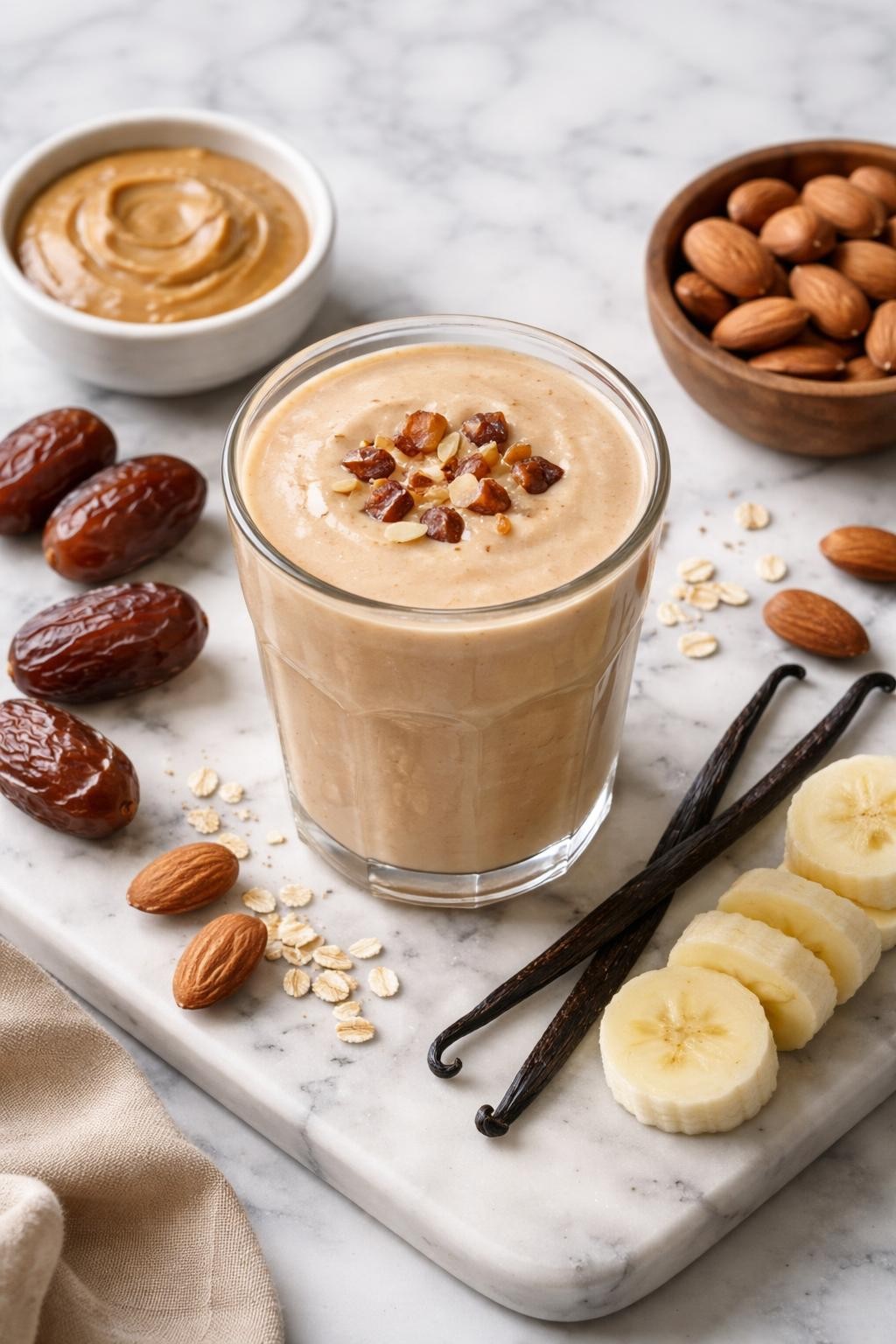 Realistic top-down editorial food photography of a vanilla date almond smoothie in a clear glass on a clean white and gray marble countertop. The smoothie is pale caramel cream, thick, smooth, and glossy, styled with pitted dates, almond butter in a plain dish, vanilla, banana slices, and whole almonds nearby. Soft natural window lighting, clean cozy breakfast smoothie styling, high detail, realistic creamy texture, no people, no hands, no text, no watermarks, no props with writing.