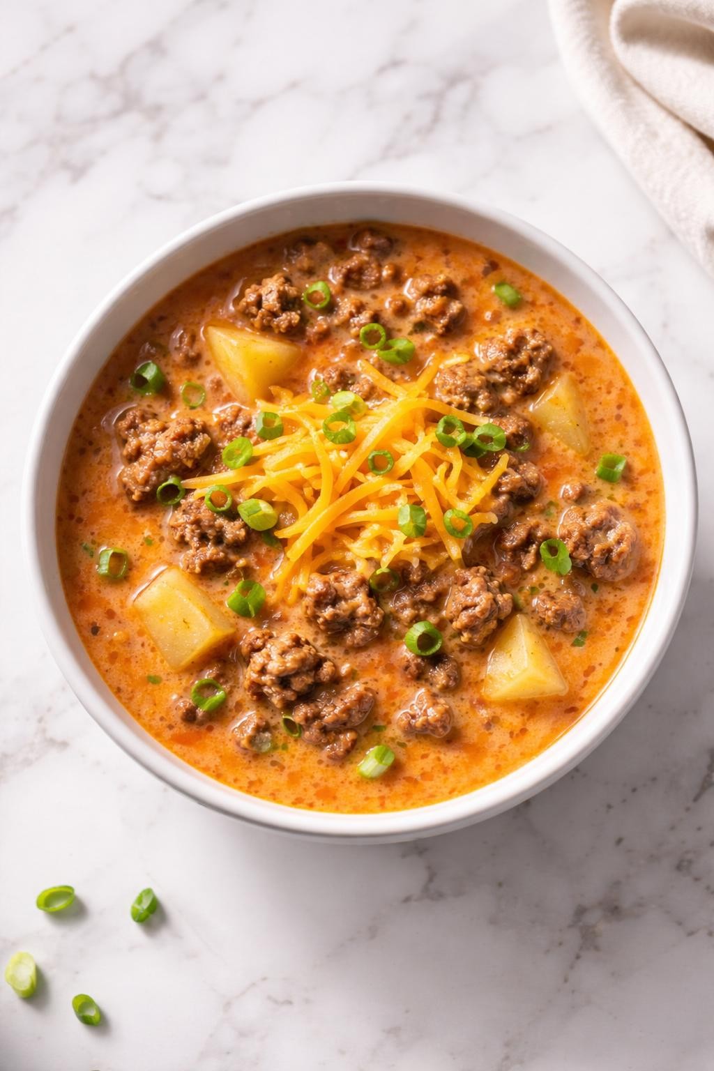 Image Prompt: Realistic top-down editorial food photography of cheesy hamburger soup in a simple bowl on a white marble countertop, creamy tomato-based soup with browned ground beef, potatoes, melted cheddar, and chopped green onions, cozy homemade comfort food mood, bright natural daylight, soft shadows, no people, no hands, no text, no watermarks, no props with writing.