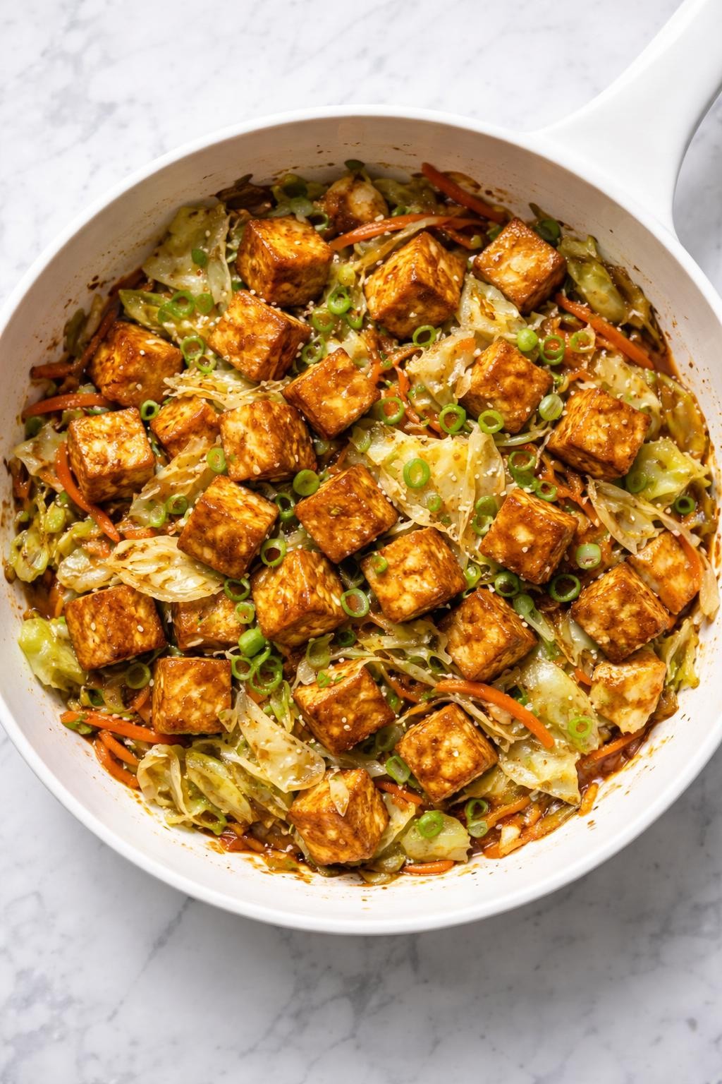 Image Prompt: Top-down realistic editorial food photography of crispy tofu and cabbage stir-fry on a clean white marble countertop, golden tofu cubes tossed with tender cabbage, carrots, and a glossy savory sauce, easy homemade vegan dinner mood, bright natural daylight, clean composition, high detail, no people, no hands, no text, no watermarks, no props with writing.