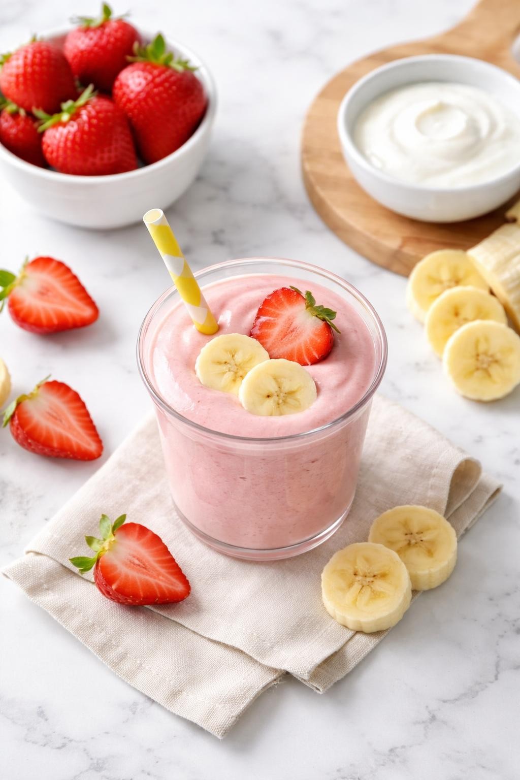 Realistic top-down food photography of a small strawberry banana toddler smoothie in a clear cup on a clean white marble countertop. The smoothie is soft pink, creamy, and smooth, styled with sliced strawberries, banana rounds, and a small plain bowl of yogurt nearby. Bright natural daylight, gentle family breakfast styling, realistic creamy texture, high detail, no people, no hands, no text, no watermarks, no props with writing.