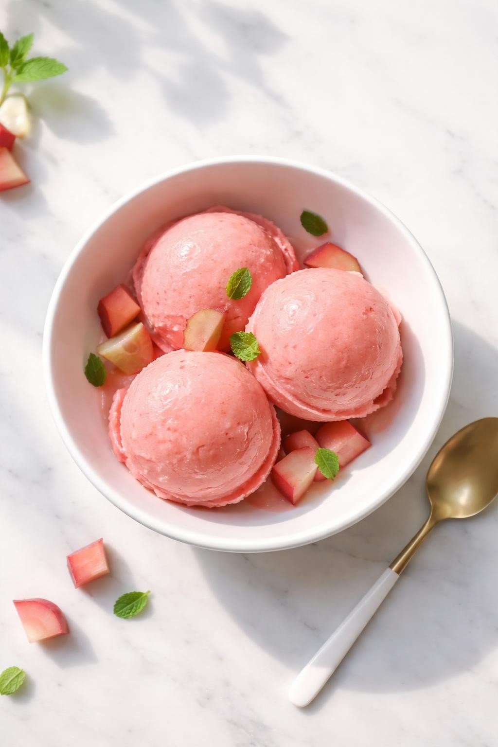 Image Prompt: Top-down realistic editorial food photography of scoops of vegan rhubarb sorbet in a simple white bowl on a clean marble countertop, smooth pale pink frozen sorbet with a glossy finish, small spoon nearby, bright natural daylight, fresh and cool spring dessert mood, clean composition, no people, no hands, no text, no watermarks, no props with writing.