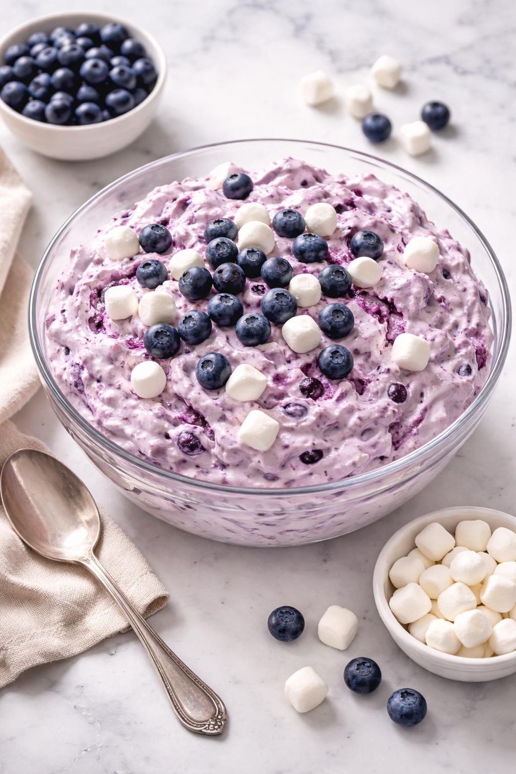 Image Prompt: Realistic top-down editorial food photography of blueberry cheesecake fluff salad in a clear serving bowl on a white marble countertop, creamy fluffy salad with blueberry pie filling, whipped topping, mini marshmallows, and soft cheesecake-like texture, rich potluck dessert styling, bright natural daylight, soft shadows, clean editorial composition, high detail, realistic texture, no people, no hands, no text, no watermarks, no props with writing.