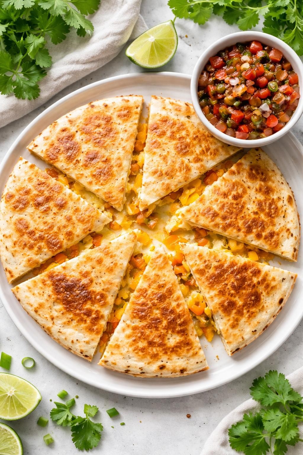 "Overhead realistic photo of a golden-brown flour tortilla quesadilla cut into wedges, with melted cheese oozing out. No visible spinach. A small bowl of salsa on the side. Bright kitchen light, sneaky veggie dinner, no people, no hands, no text, no watermarks."